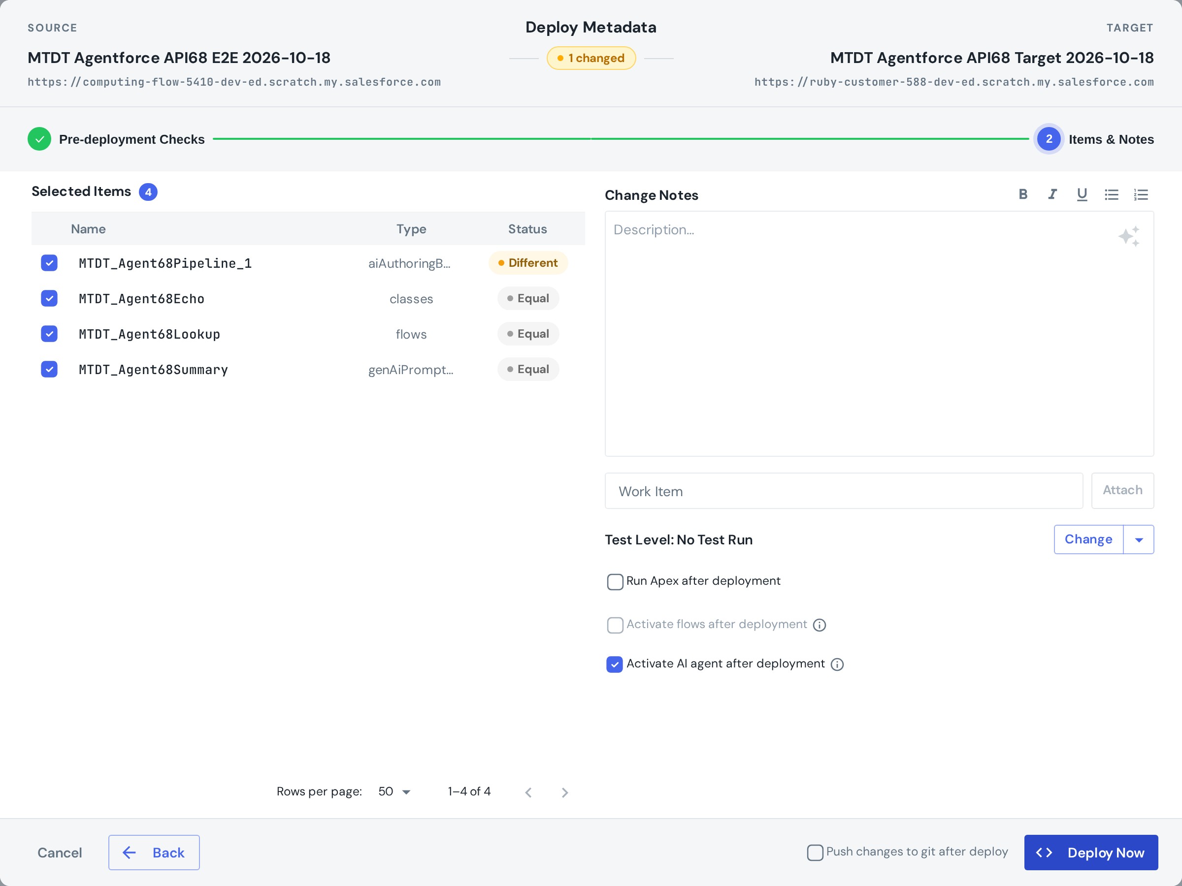 Items & Notes step with Activate AI agent after deployment turned on