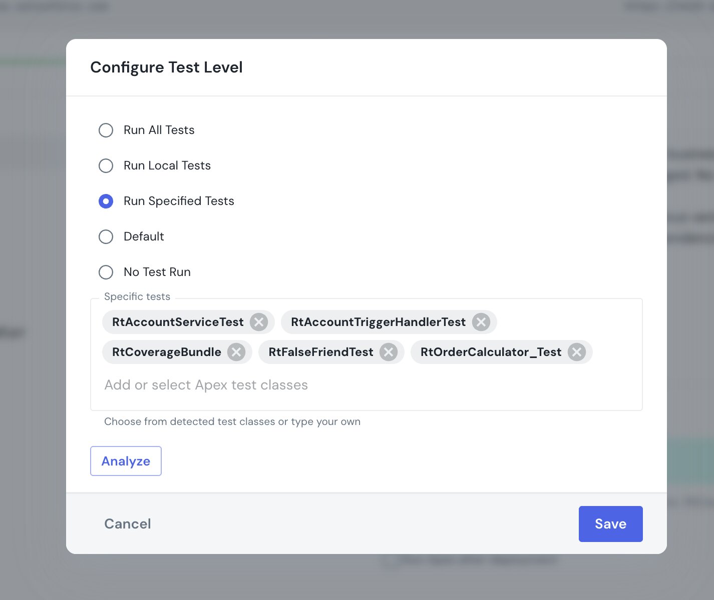 Configure Test Level — Run Specified Tests with the recommended test classes as chips