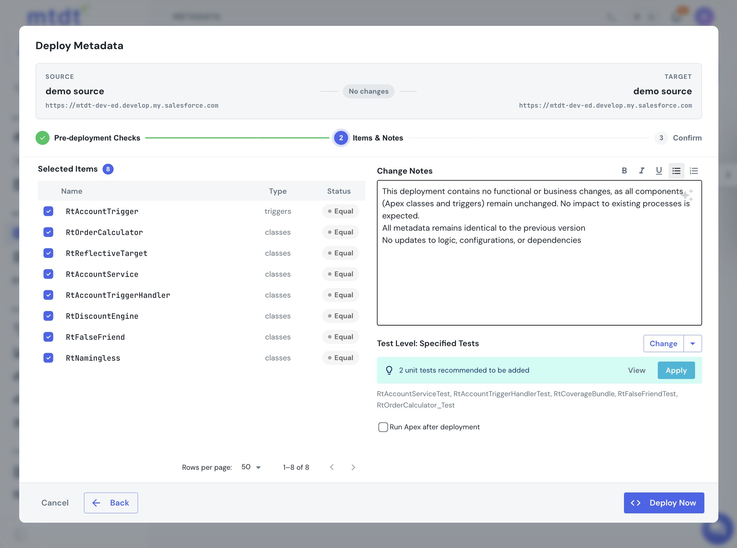 Deploy wizard — recommended unit tests next to the Test Level control