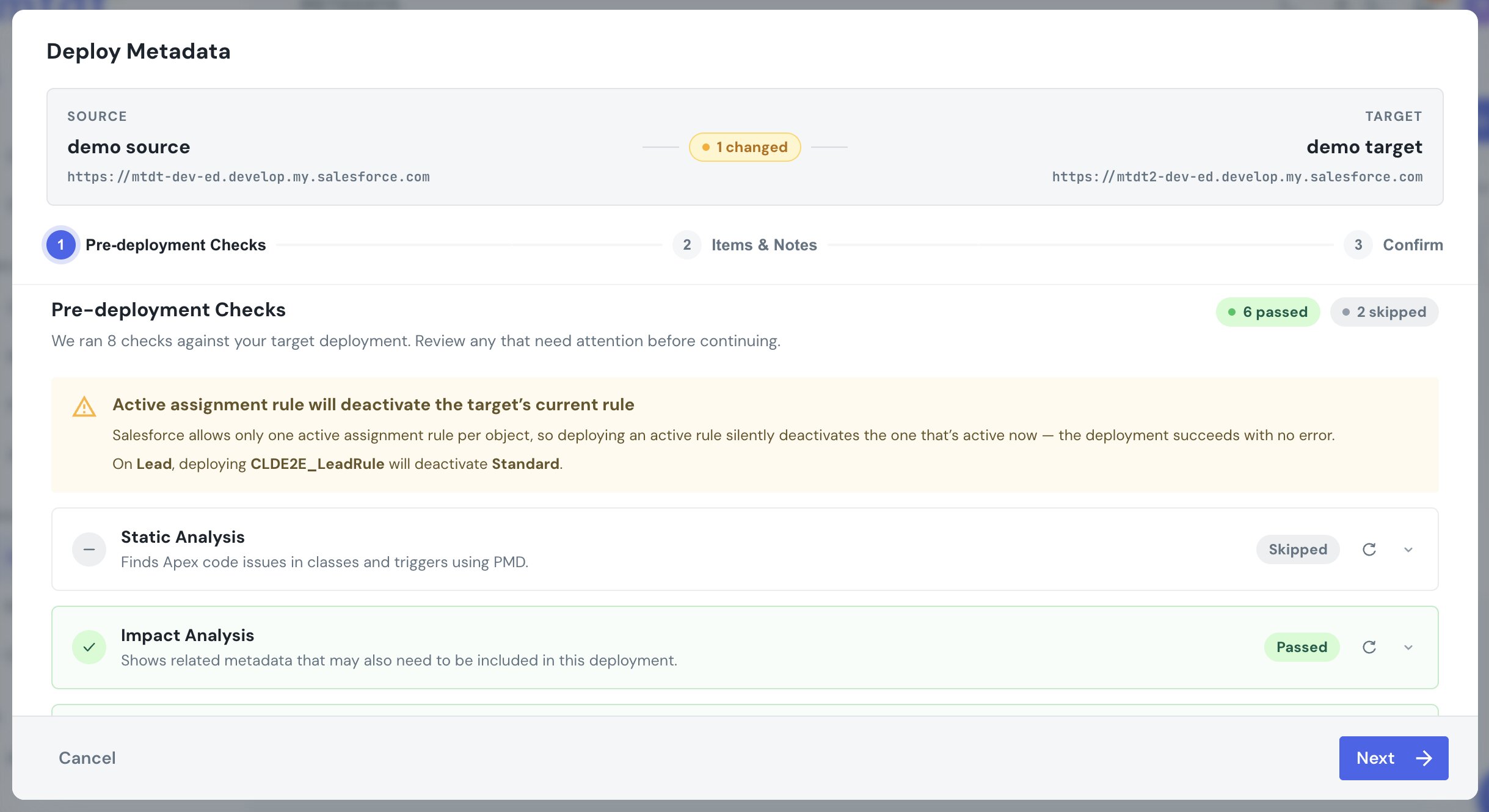 mtdt.io's pre-deployment check warning that deploying an active assignment rule will deactivate the target's currently-active rule