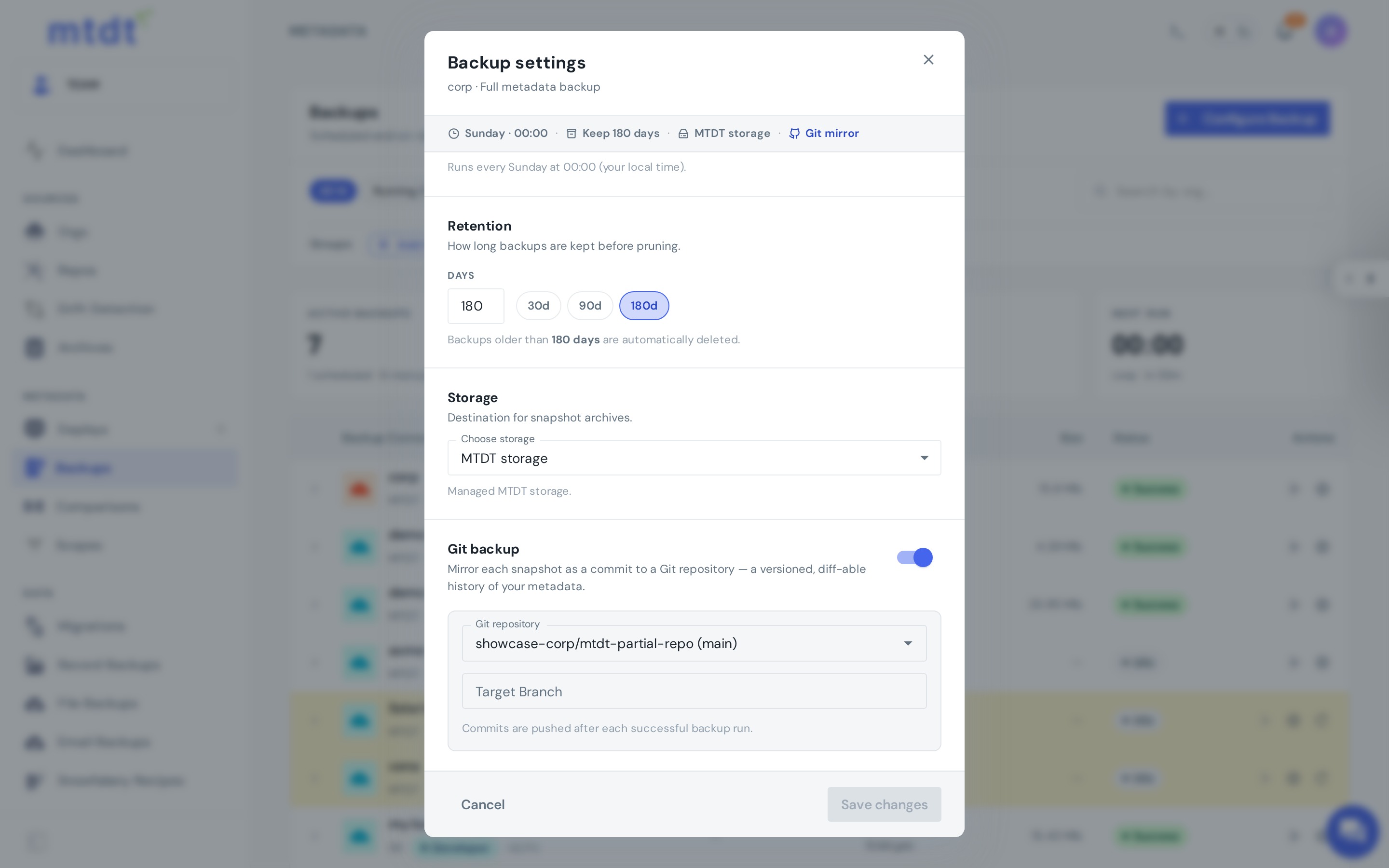 Backup settings with Git backup enabled — each snapshot is mirrored as a commit to a repository branch