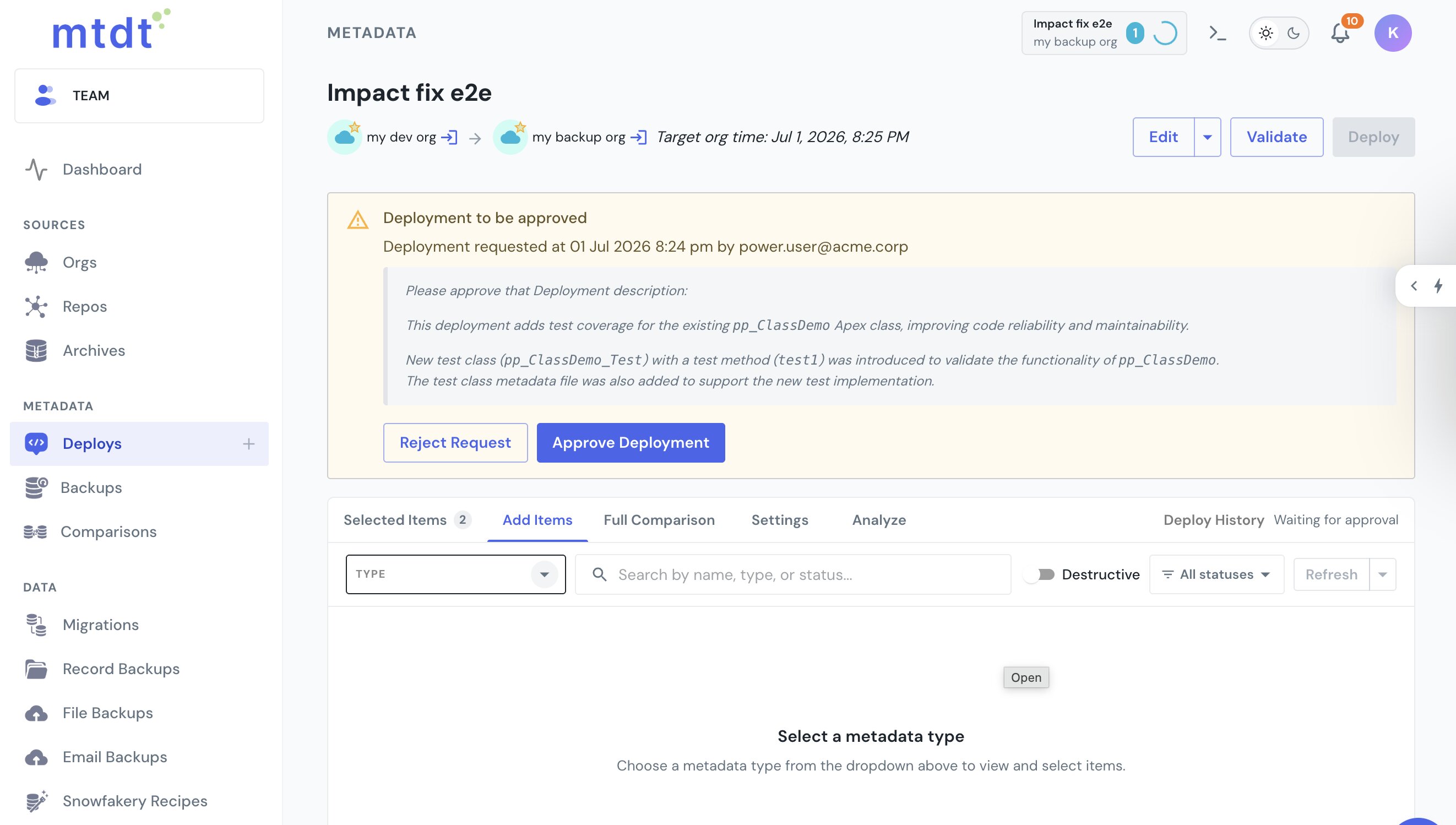 The approval banner on a deployment reading "Deployment to be approved", showing who requested it and when, the deployment description, and Approve Deployment and Reject Request buttons