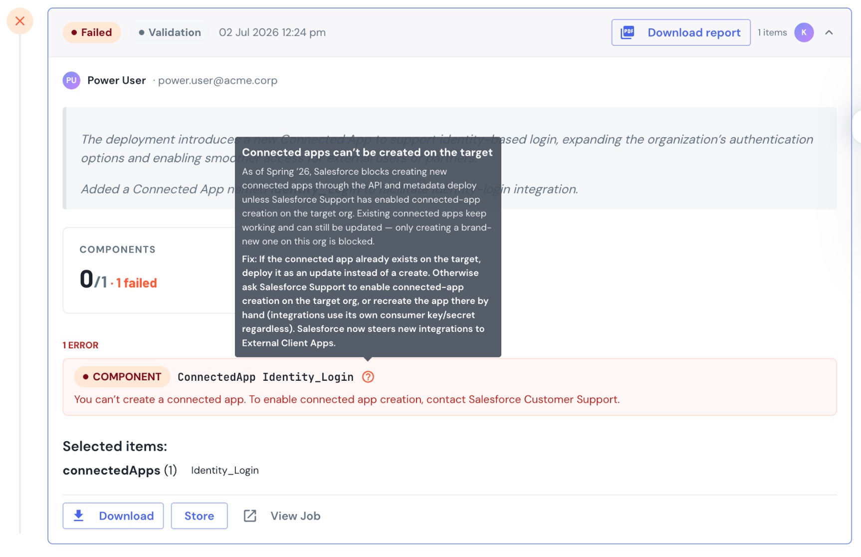 Failed validation showing the ConnectedApp component error with a tooltip decoding the "can't create a connected app" gate