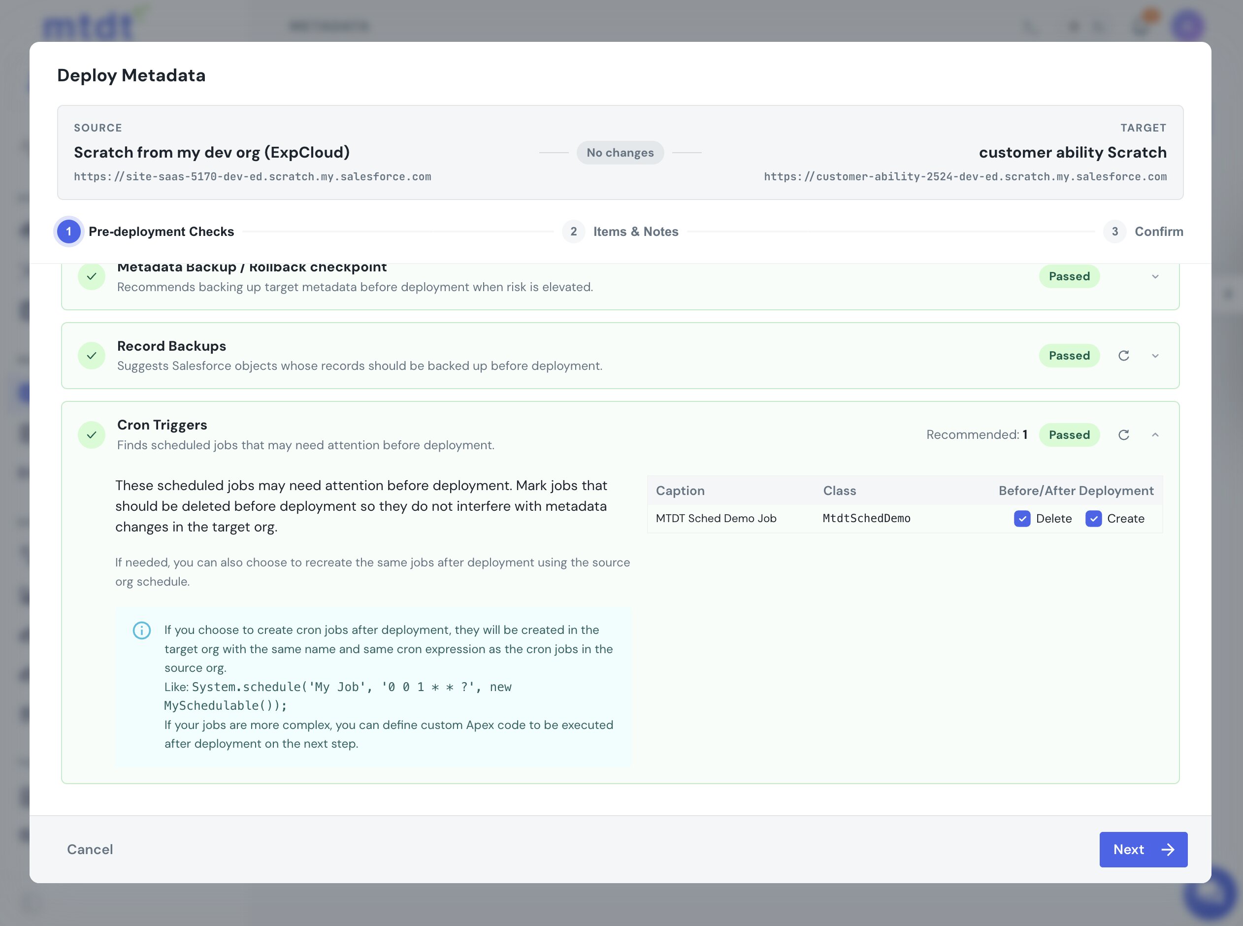 Cron Triggers check — the scheduled job with Delete-before and Create-after options