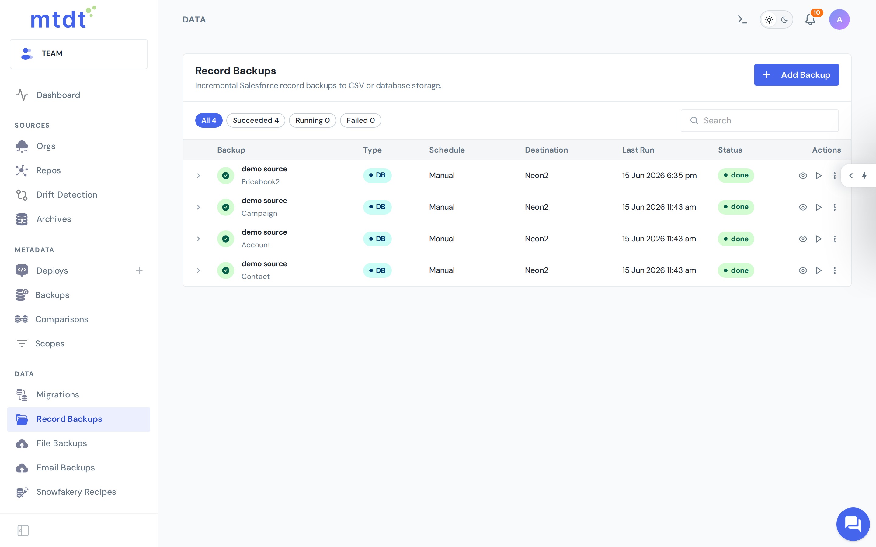 Salesforce record backups to a PostgreSQL database, by object, with schedule and status