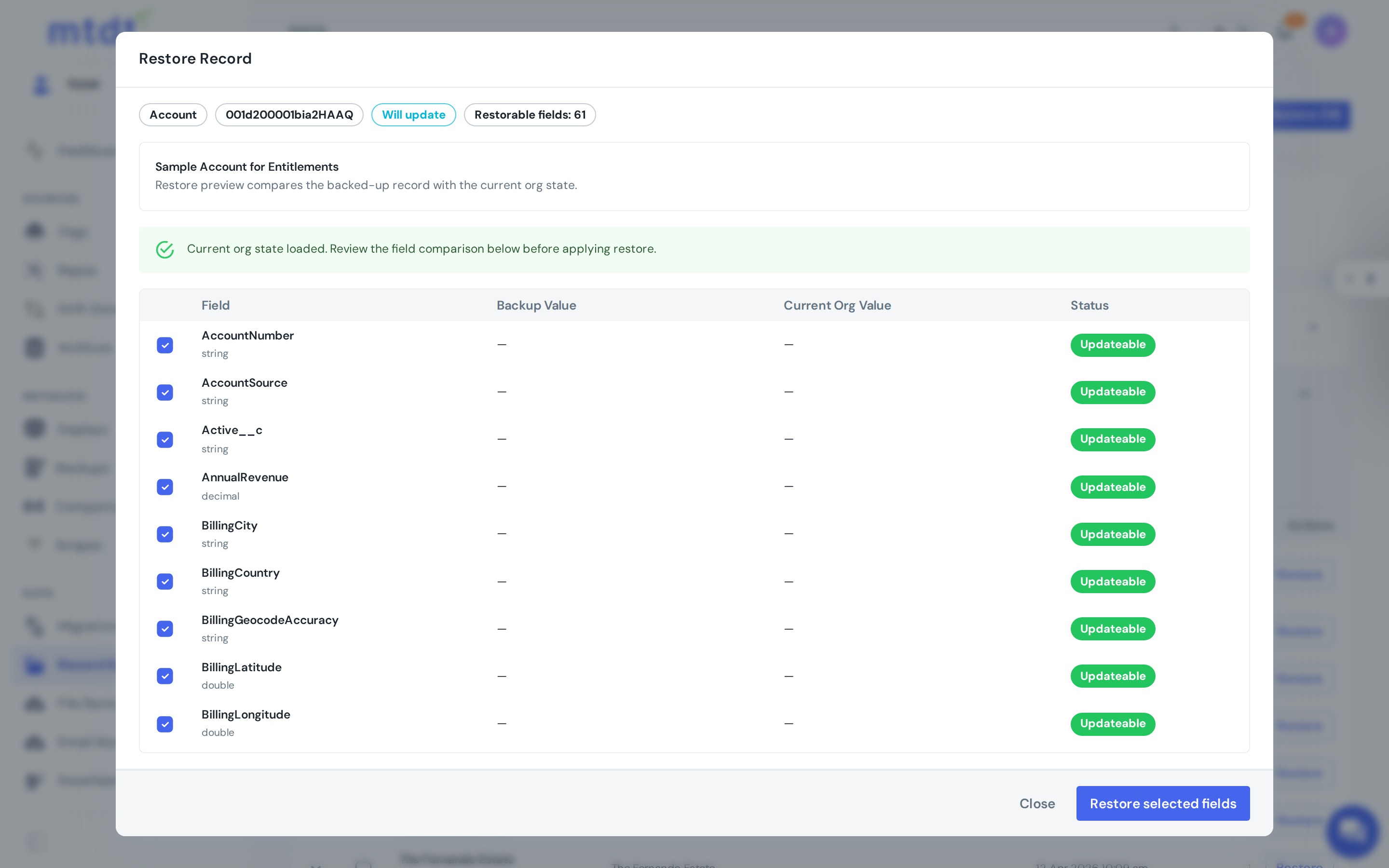 Restore preview — backed-up values next to current org values, with per-field selection