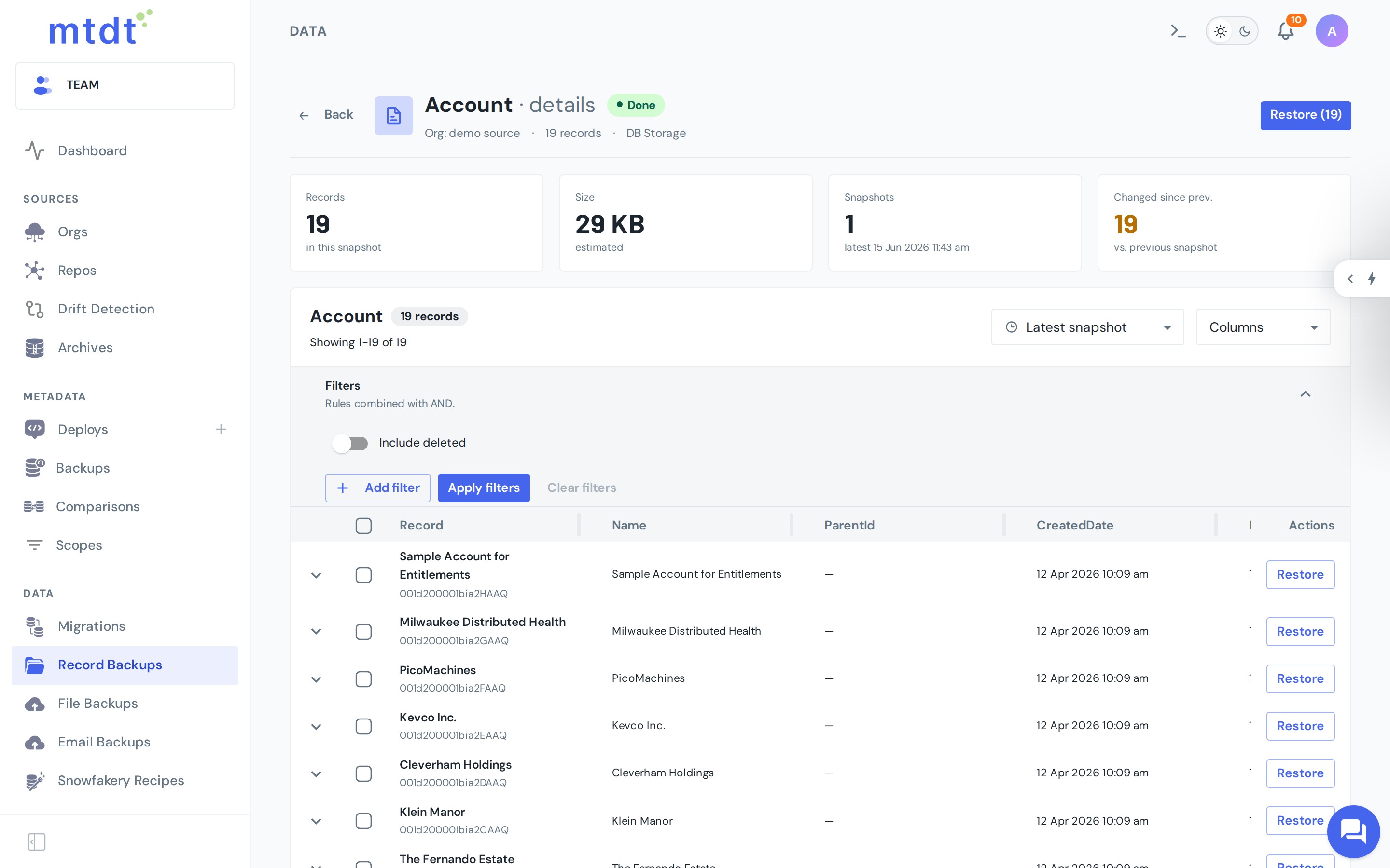 Browsing a record backup — captured records by snapshot, with filters and per-record history