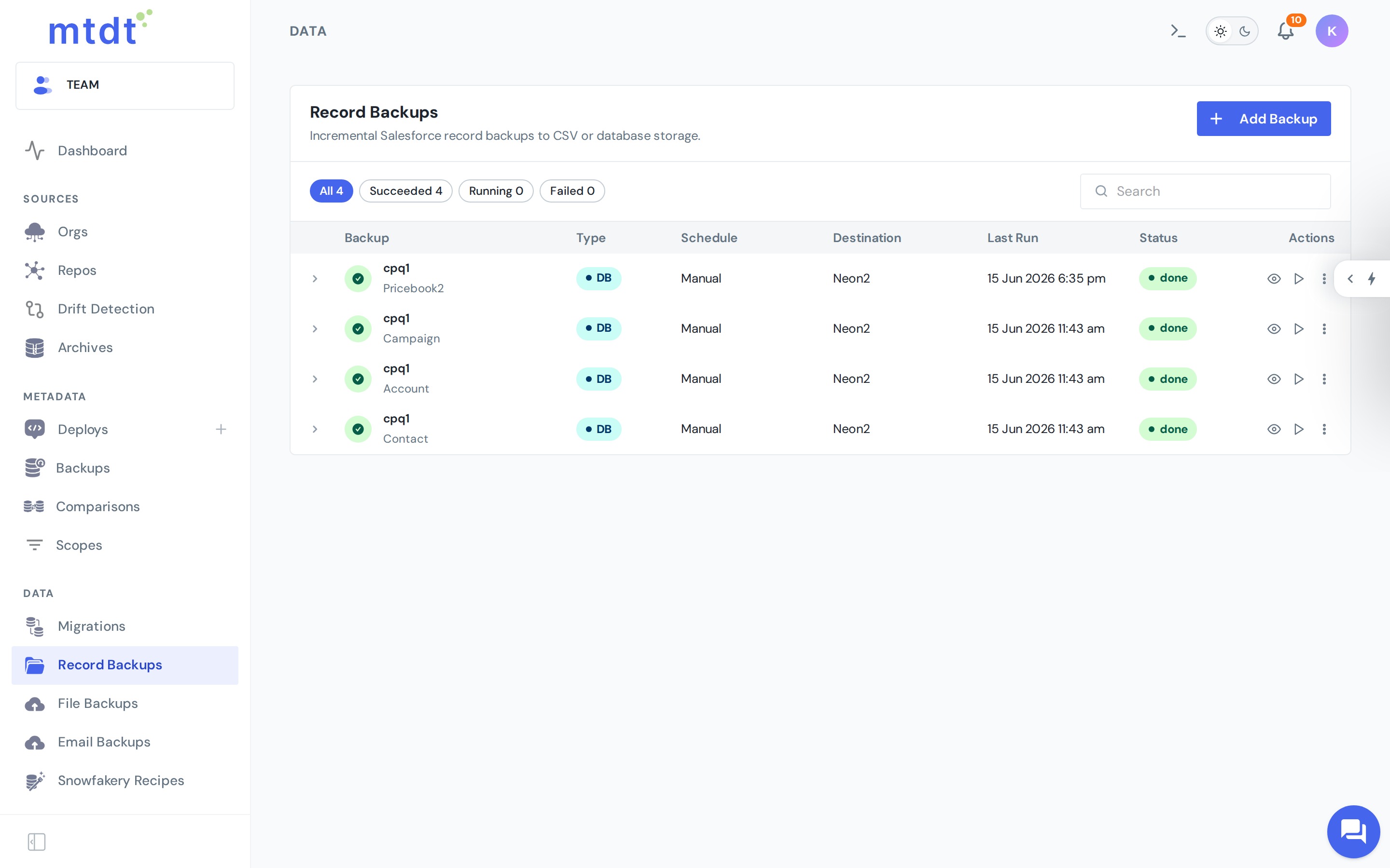 Salesforce record backups by object, with destination and status