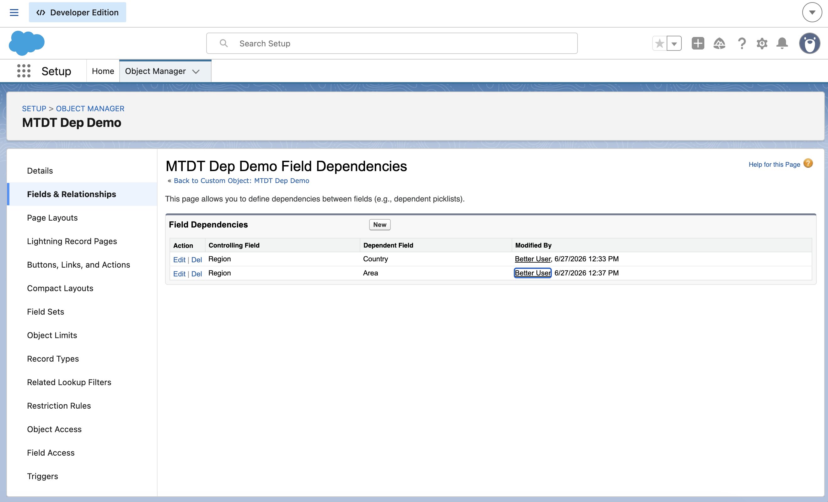 Salesforce's Field Dependencies — the dependent picklists (Country, Area) controlled by the Region field