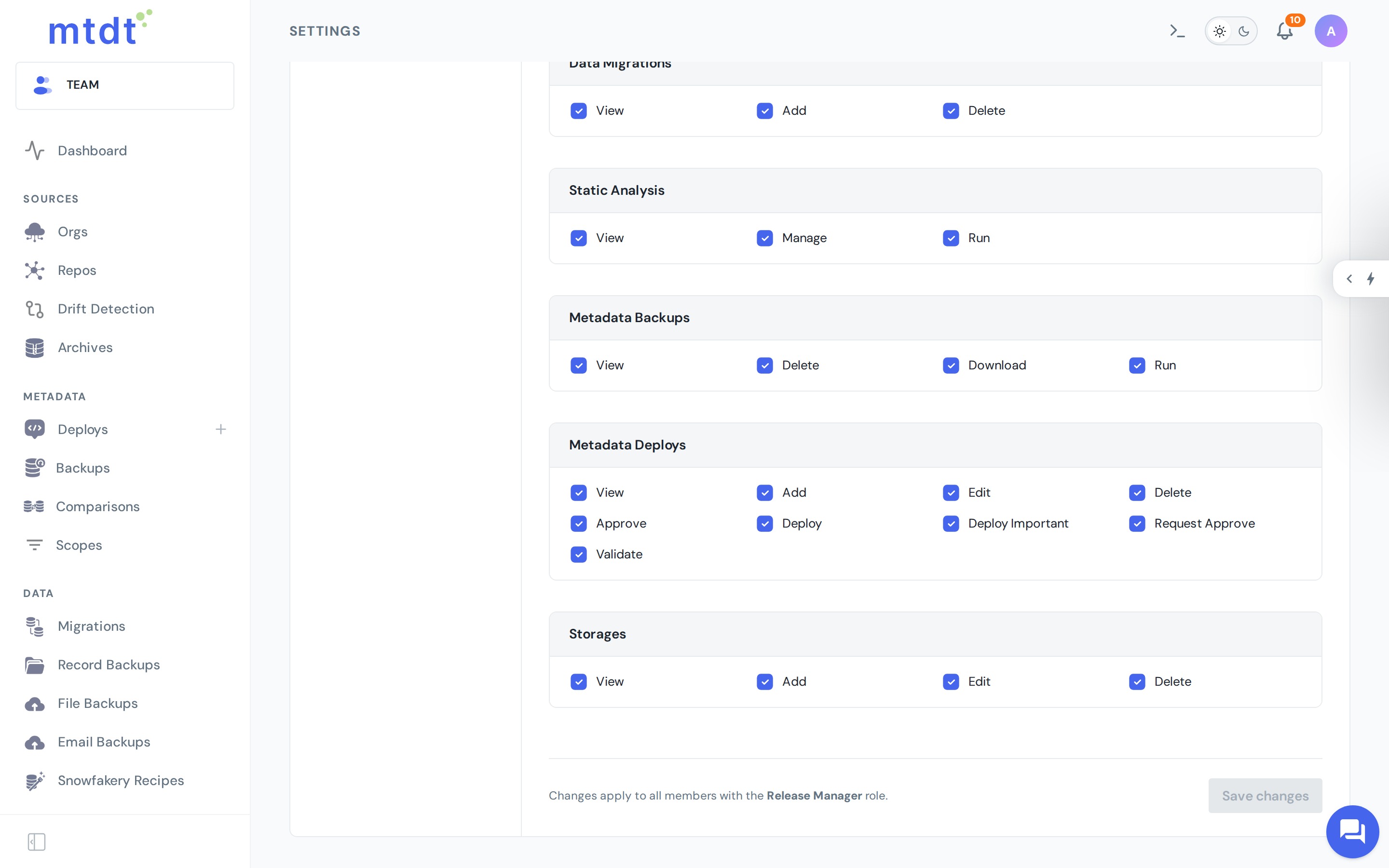 Metadata Deploys permissions for a role — Deploy, Deploy Important, Approve, Request Approve, Validate
