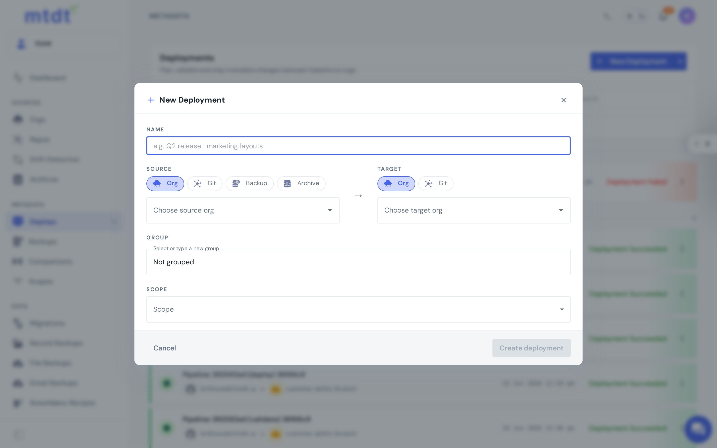 Creating a deployment — choosing source and target