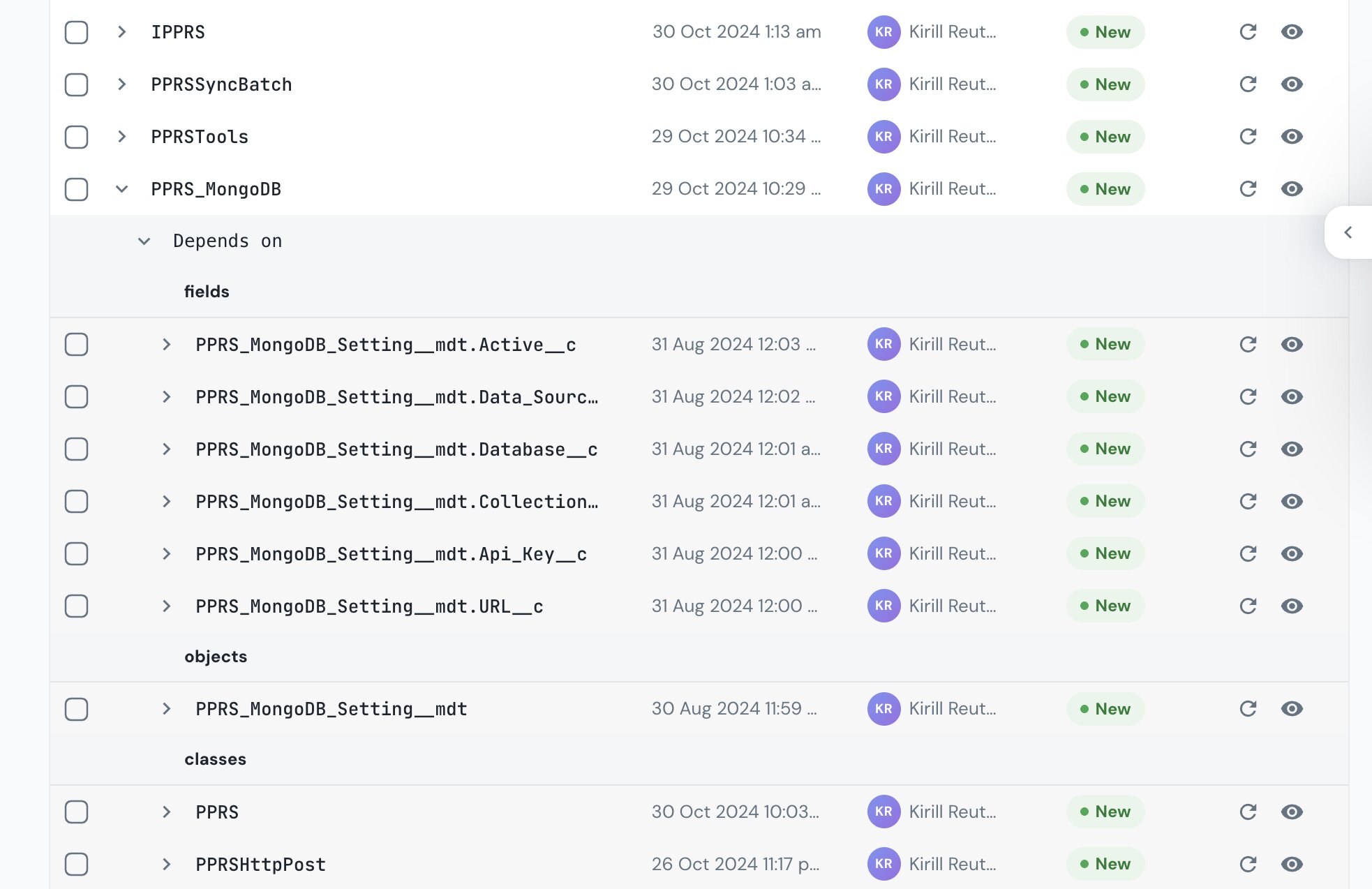 mtdt detecting that an Apex class depends on custom fields, shown inline as the item's dependencies