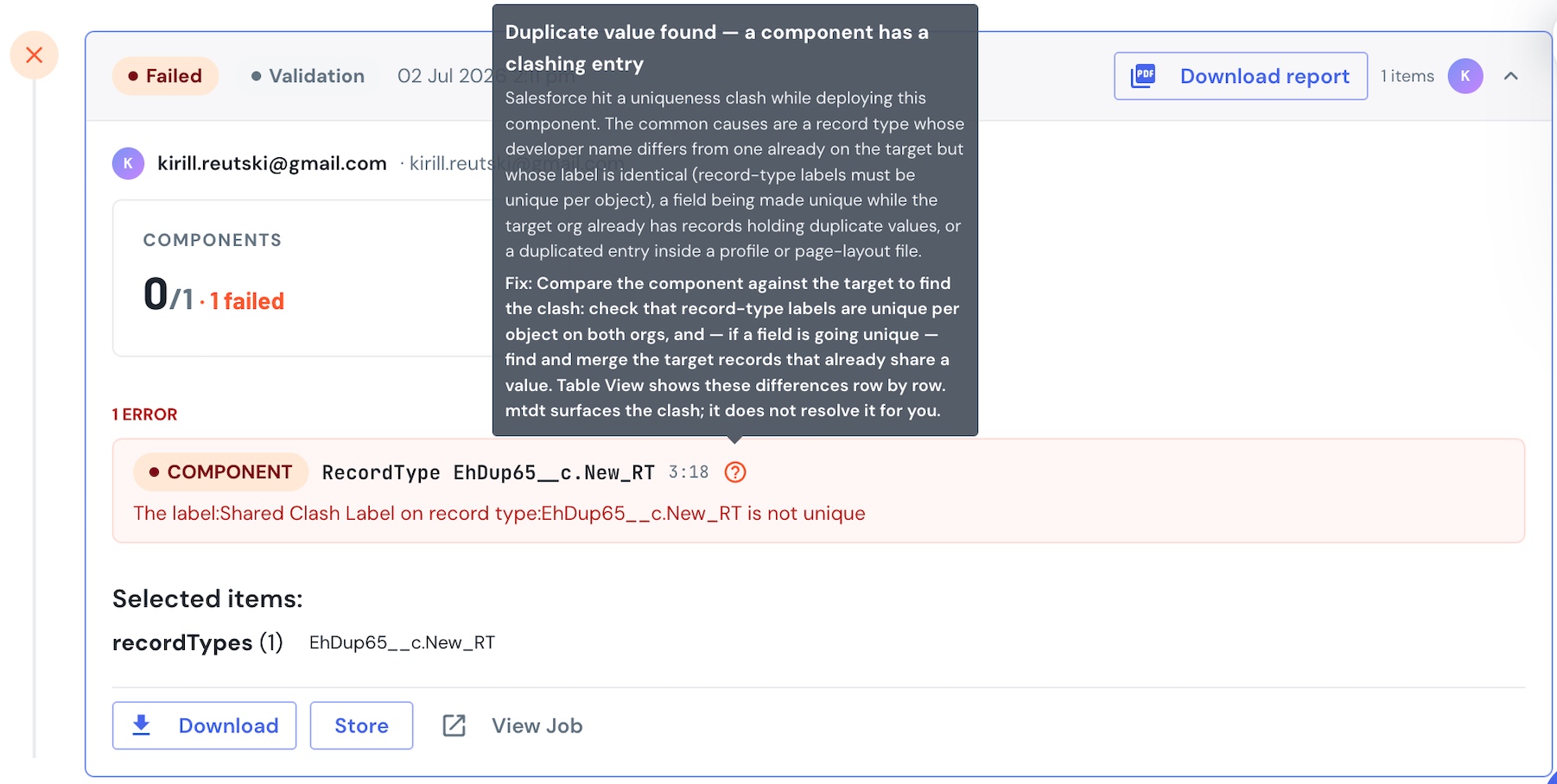 Deploy History showing a failed record-type component with the "Duplicate value found — a component has a clashing entry" hint tooltip