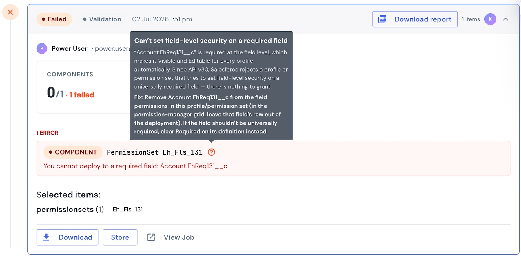 Deploy History showing a failed permission-set component with the "Can't set field-level security on a required field" hint tooltip
