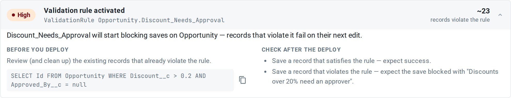 Validation rule row expanded: what happens, the query that counted the records, and what to check after the deploy