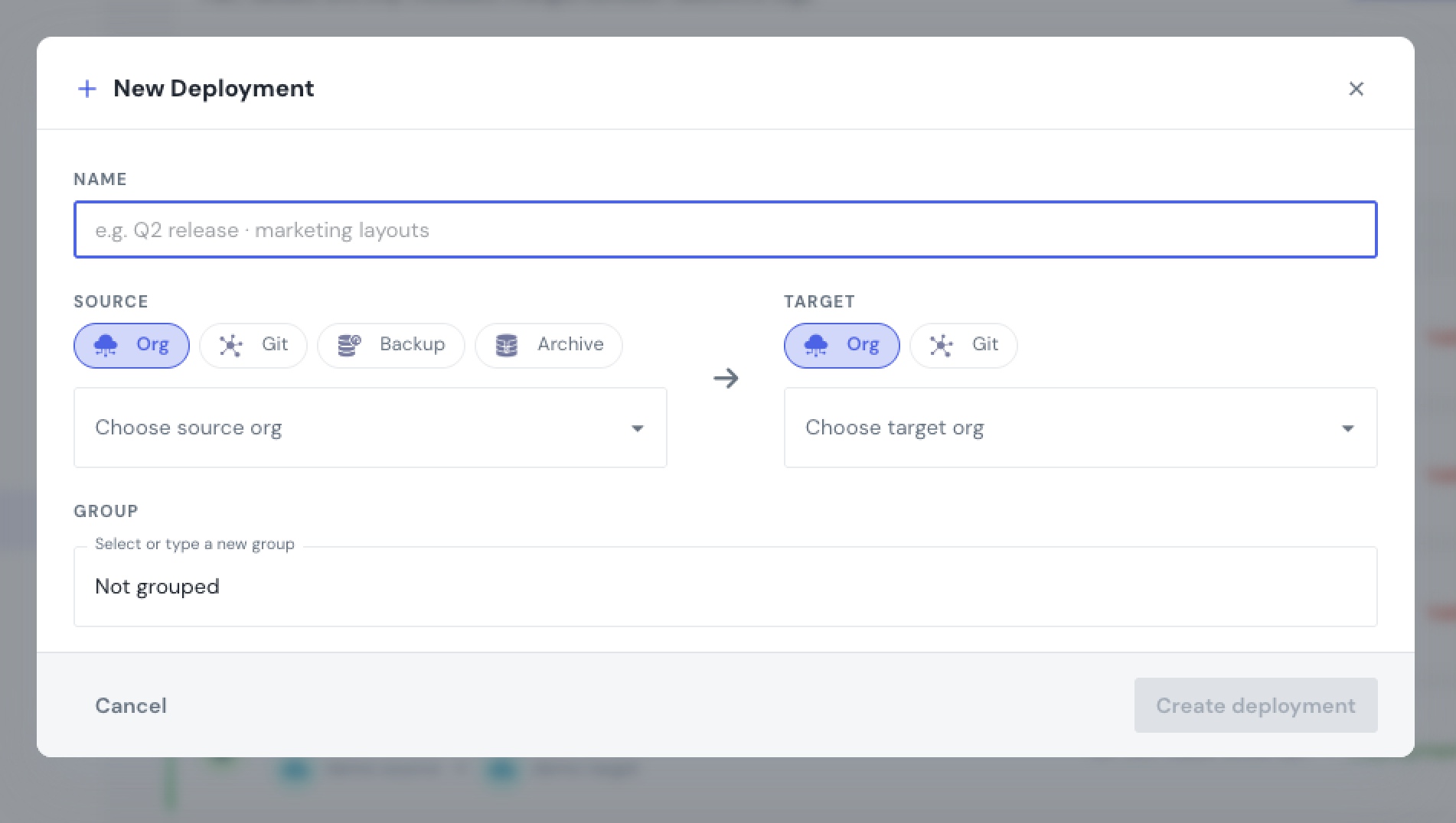 Creating a deployment in mtdt.io — choosing the source (another connected org, a Git repository, or a backup) and the target org