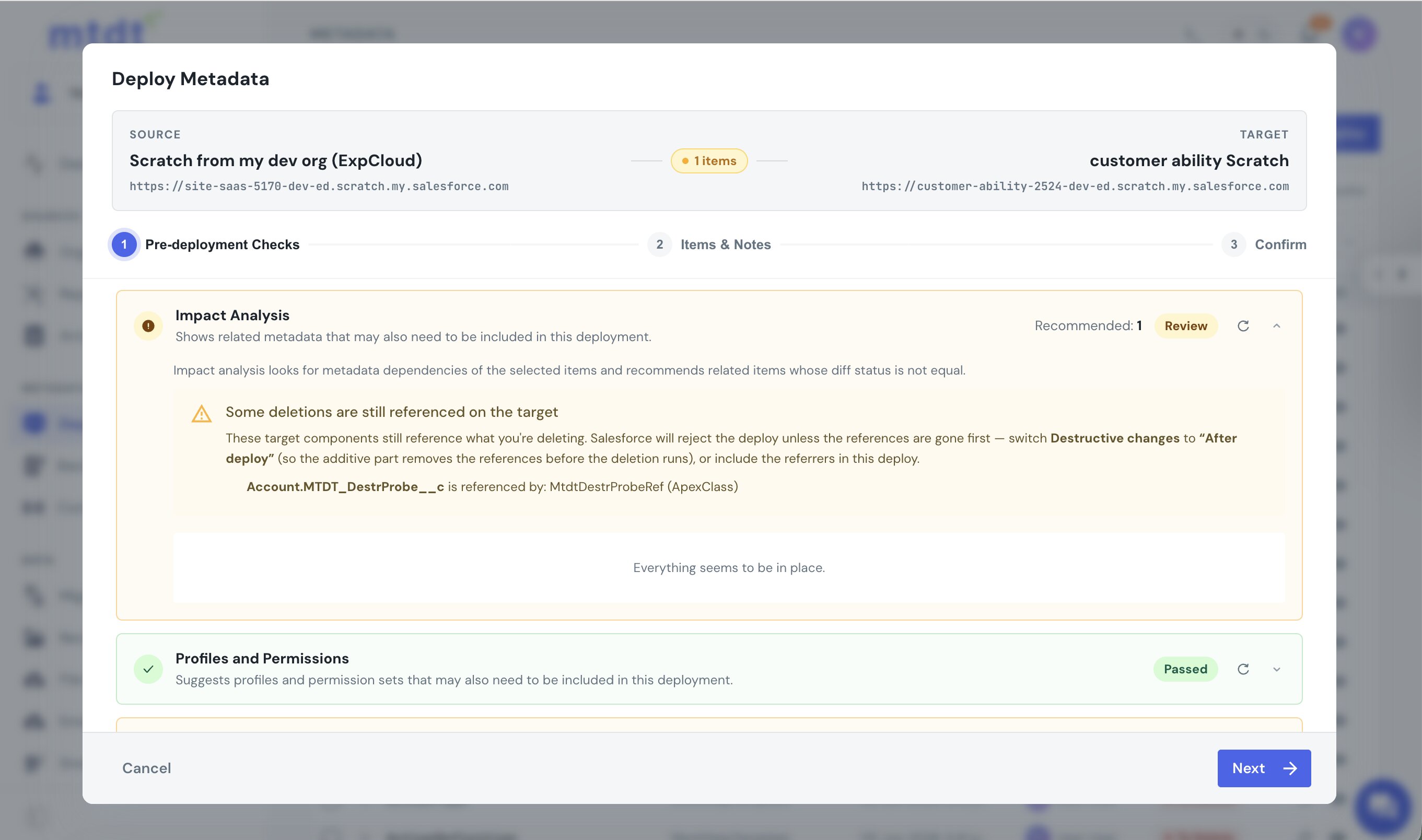 mtdt's Impact Analysis warning that a field marked for deletion is still referenced by an Apex class on the target, recommending the After-deploy ordering