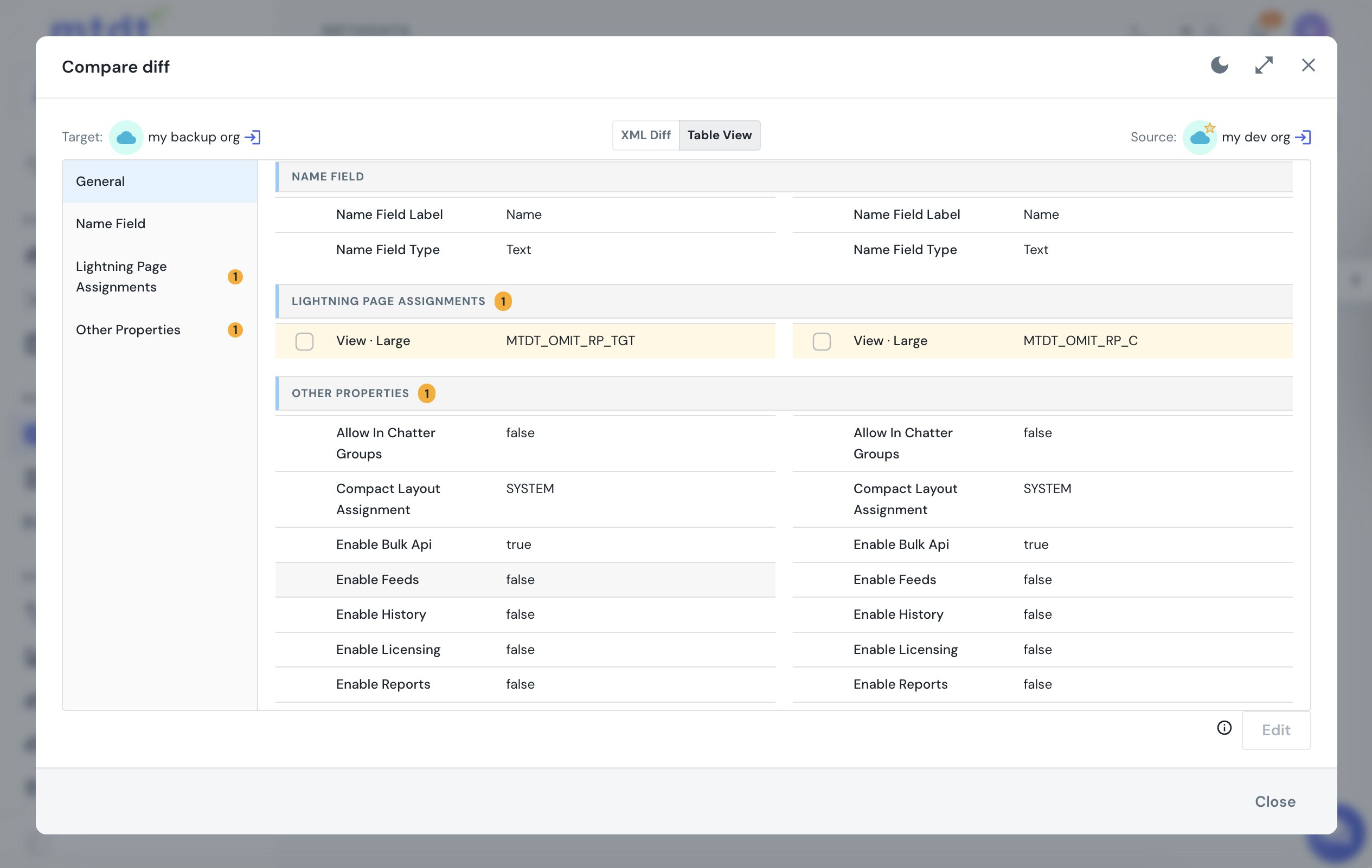 mtdt's Table View showing the Lightning Page Assignment as its own row — source page versus target page — with a per-side selection