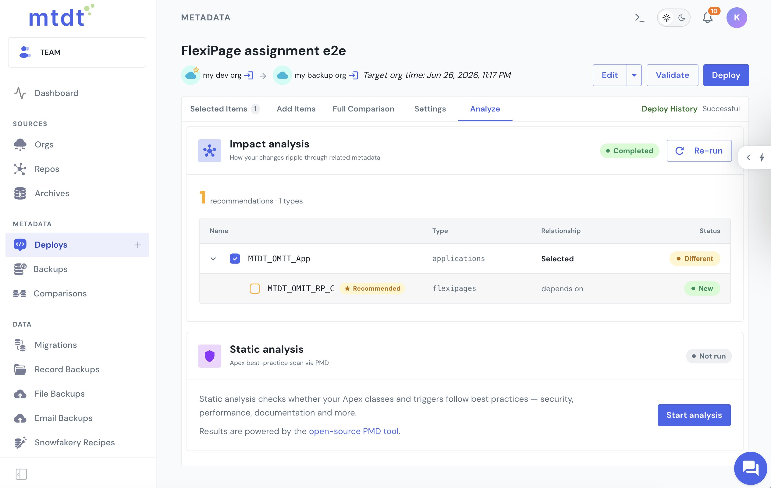 mtdt's Impact Analysis recommending the FlexiPage an assignment points at, tagged New against the target