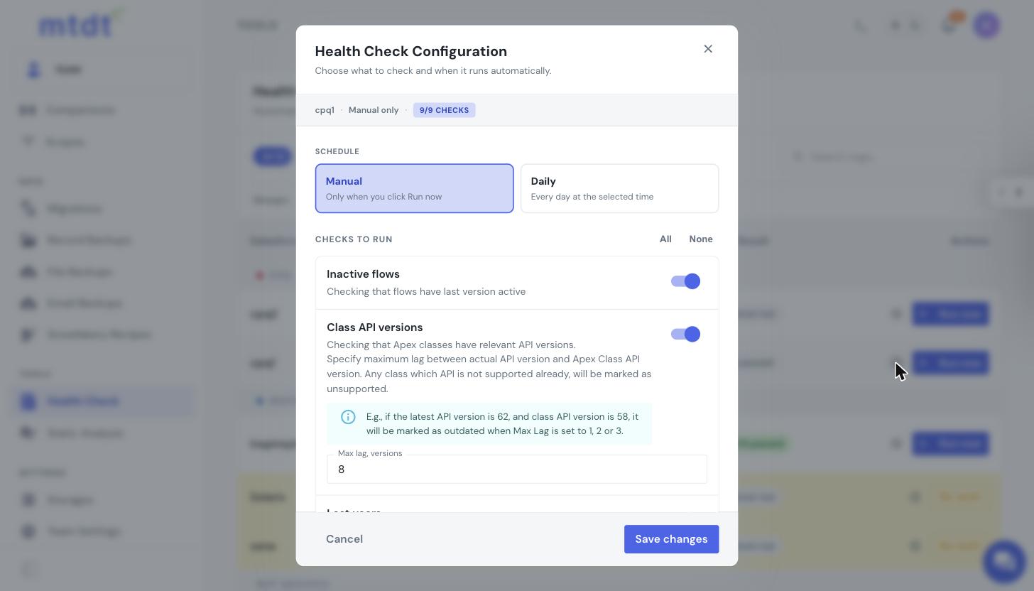 Health Check configuration — schedule and the checks to run