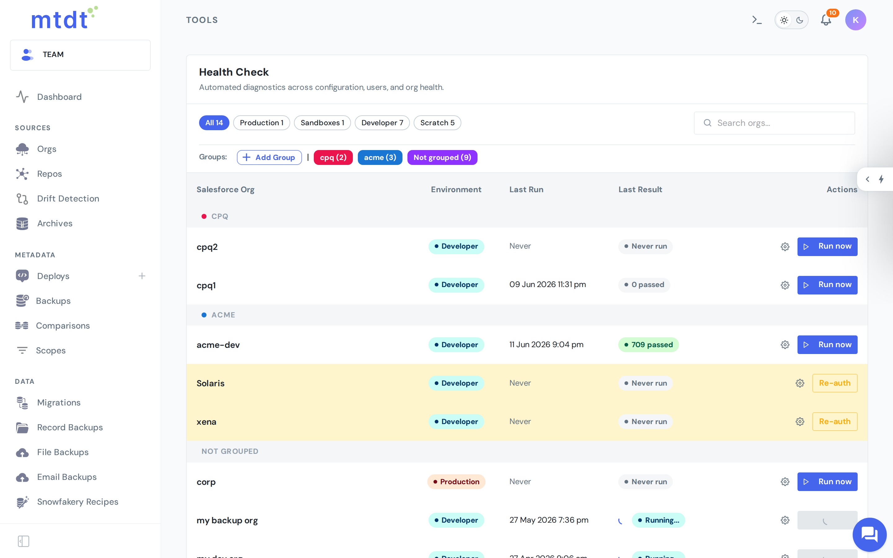 Health Check runs per org, with the last result