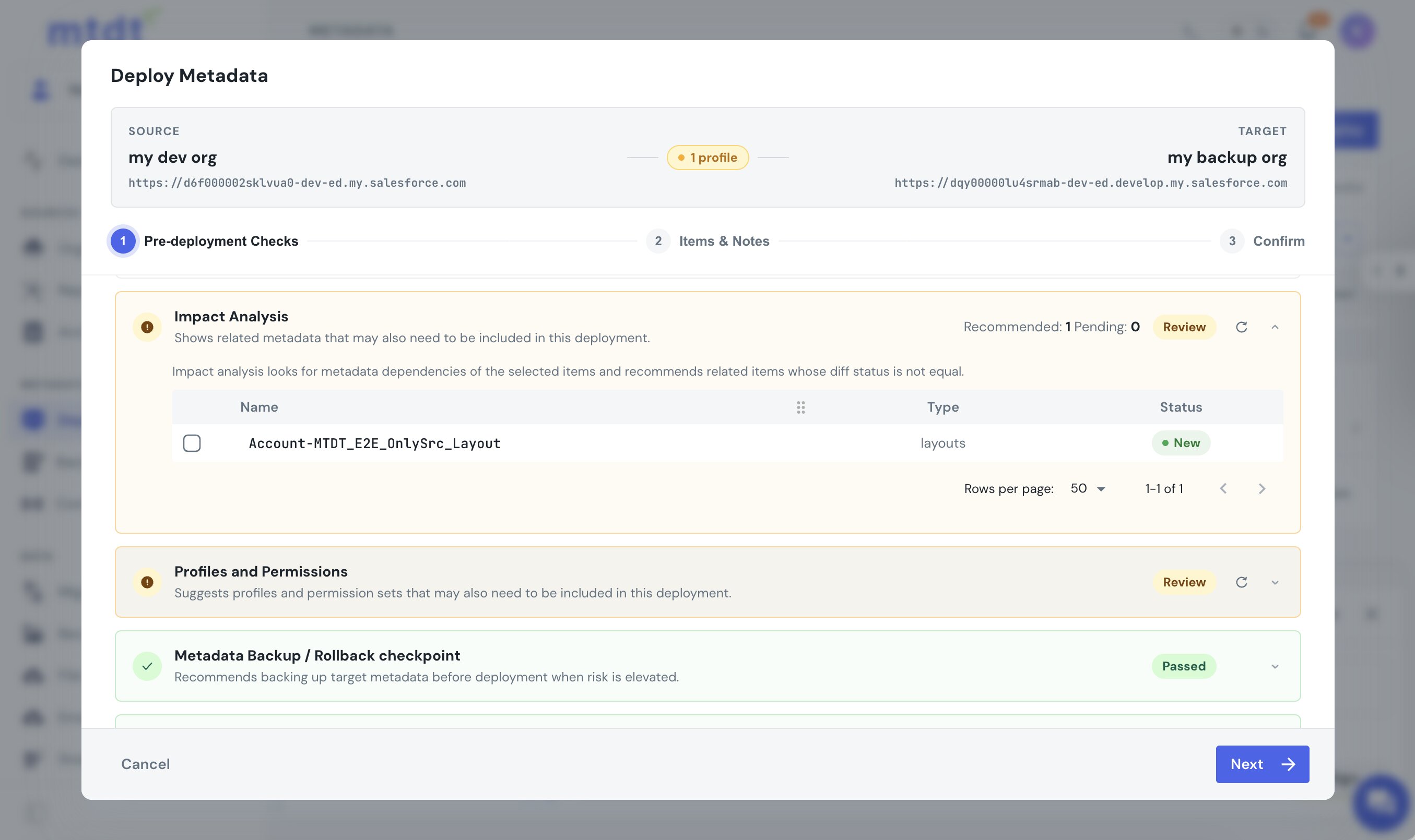 mtdt's Impact Analysis recommending the page layout a profile assigns, flagged New on the target