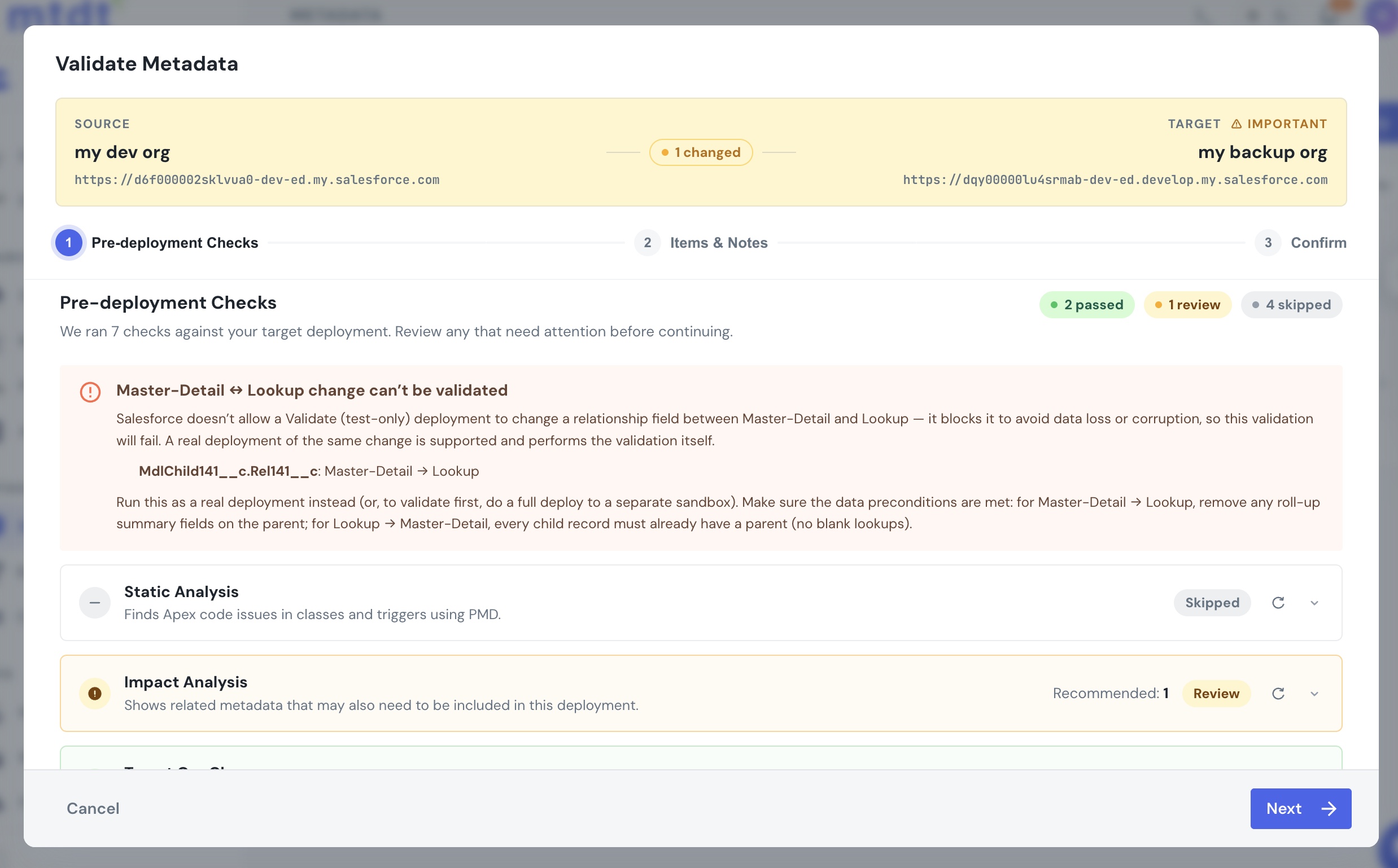 mtdt.io's pre-deployment check warning that a Master-Detail ↔ Lookup change can't be validated, naming the field and its direction
