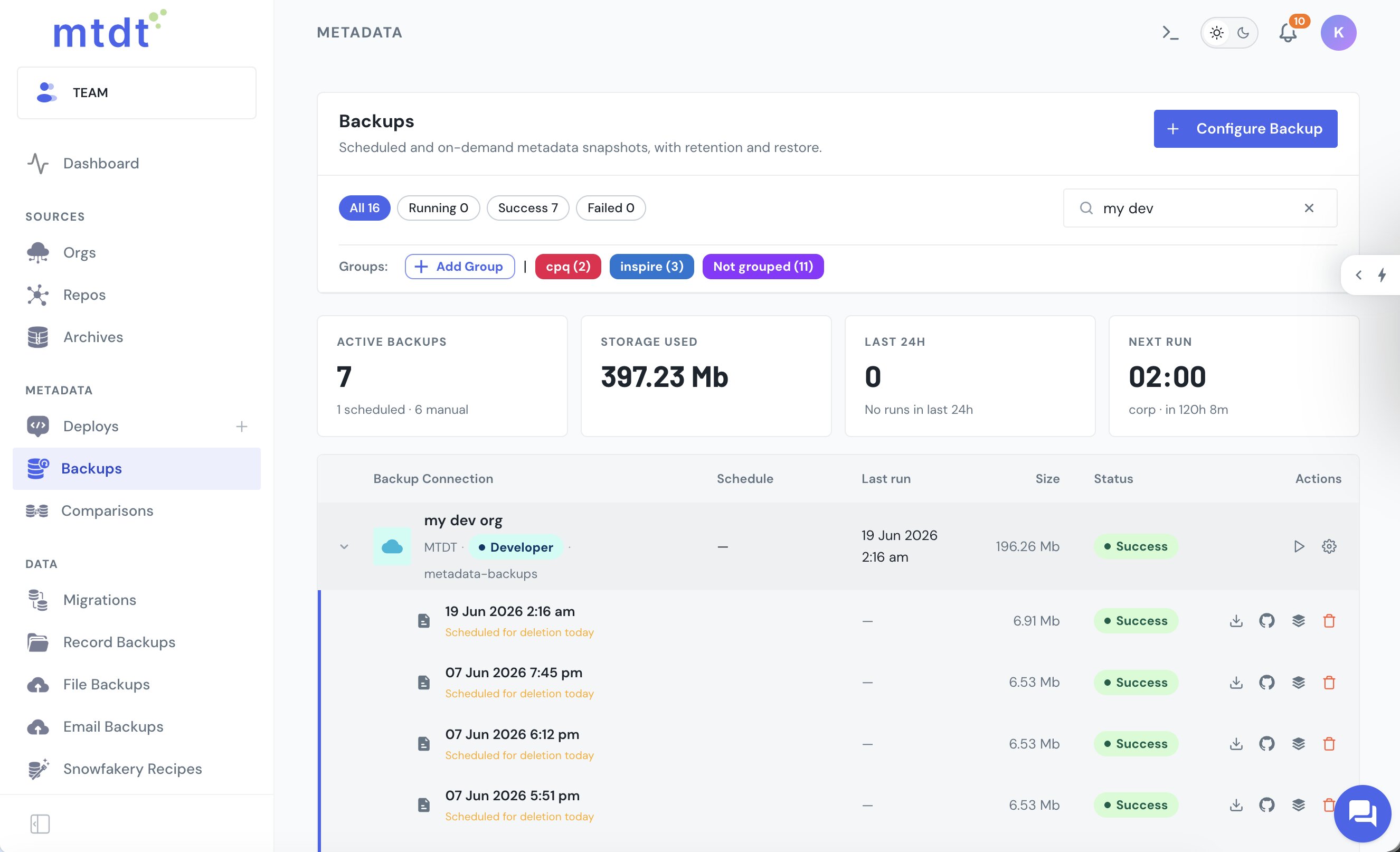mtdt's Backups page — scheduled and on-demand metadata snapshots with run history, storage, the next scheduled run, and per-backup Git sync
