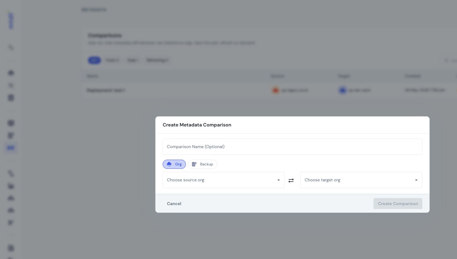 Creating a metadata comparison between two Salesforce organizations in mtdt.io