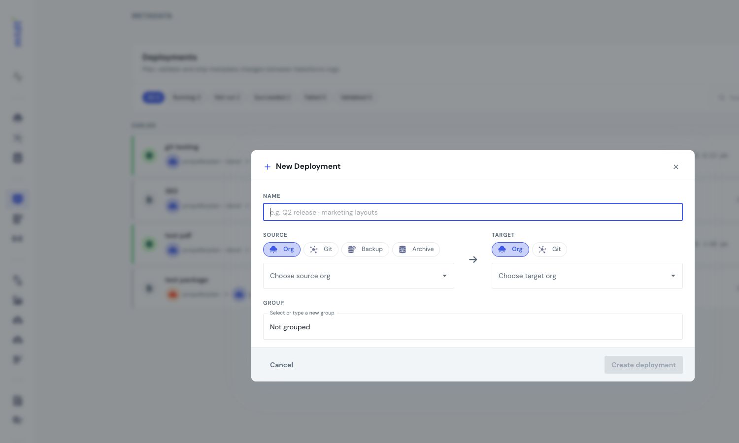 Creating a deployment from an org, Git repository, backup, or archive
