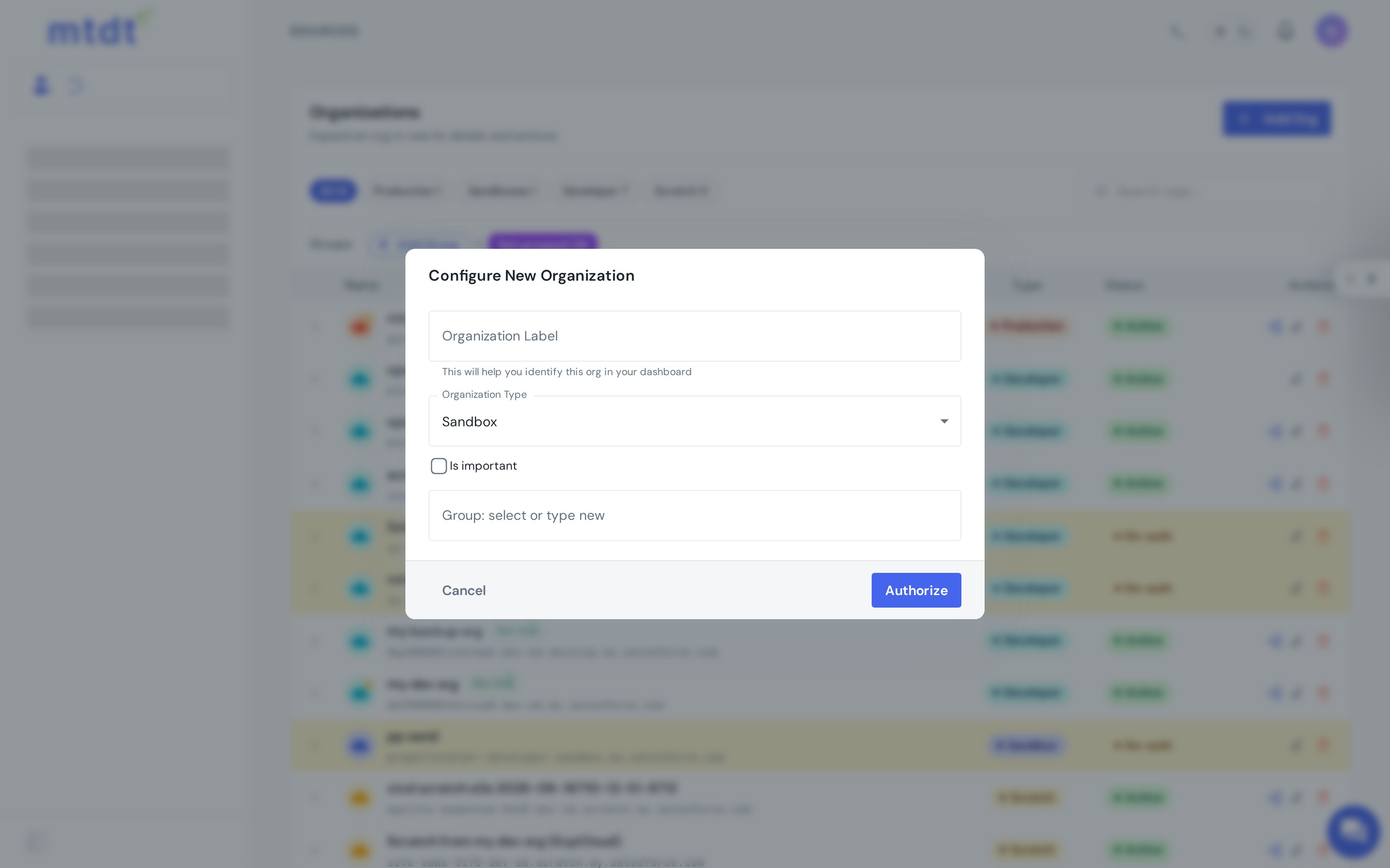 Connecting a Salesforce org — choosing the environment type