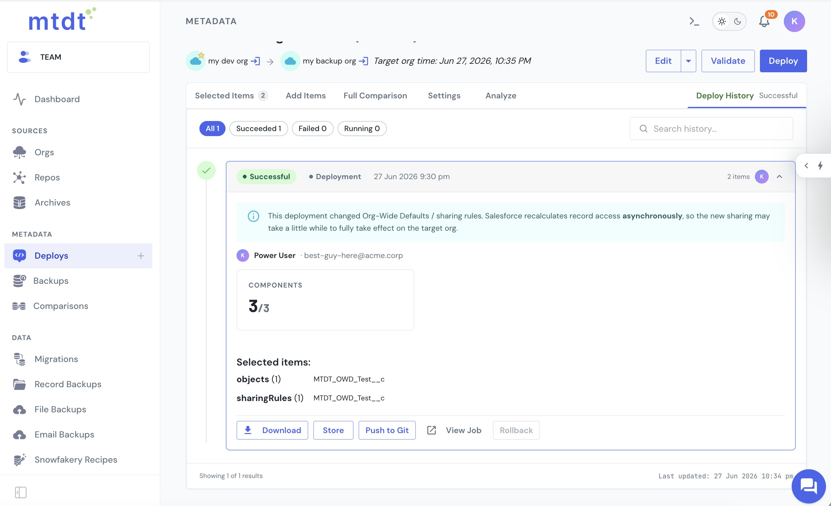 A successful mtdt deploy of an object's OWD and its sharing rules in one run, with a note that Salesforce applies the change asynchronously
