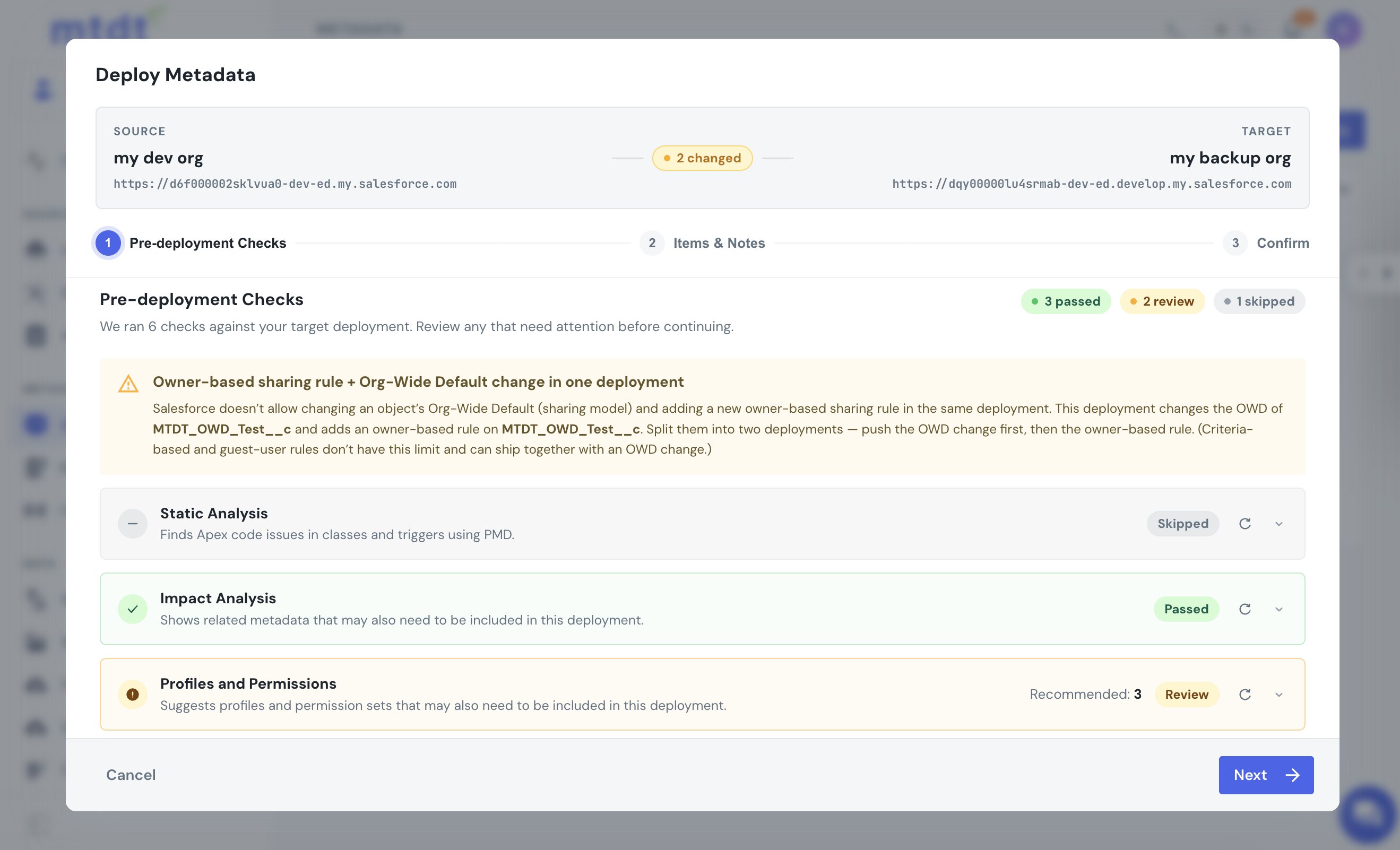 mtdt's pre-deployment warning that an owner-based sharing rule and an OWD change can't ship in one deployment