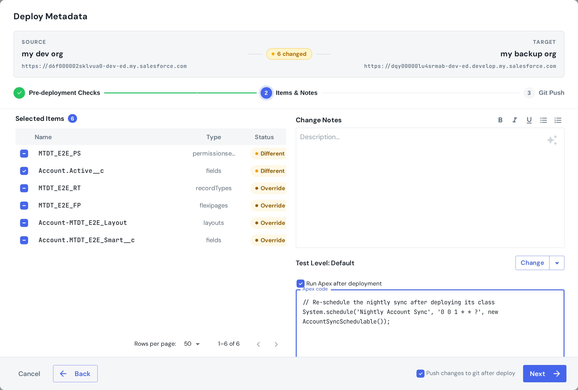 Deploy wizard — Run Apex after deployment enabled, with code to re-schedule a job after the deploy
