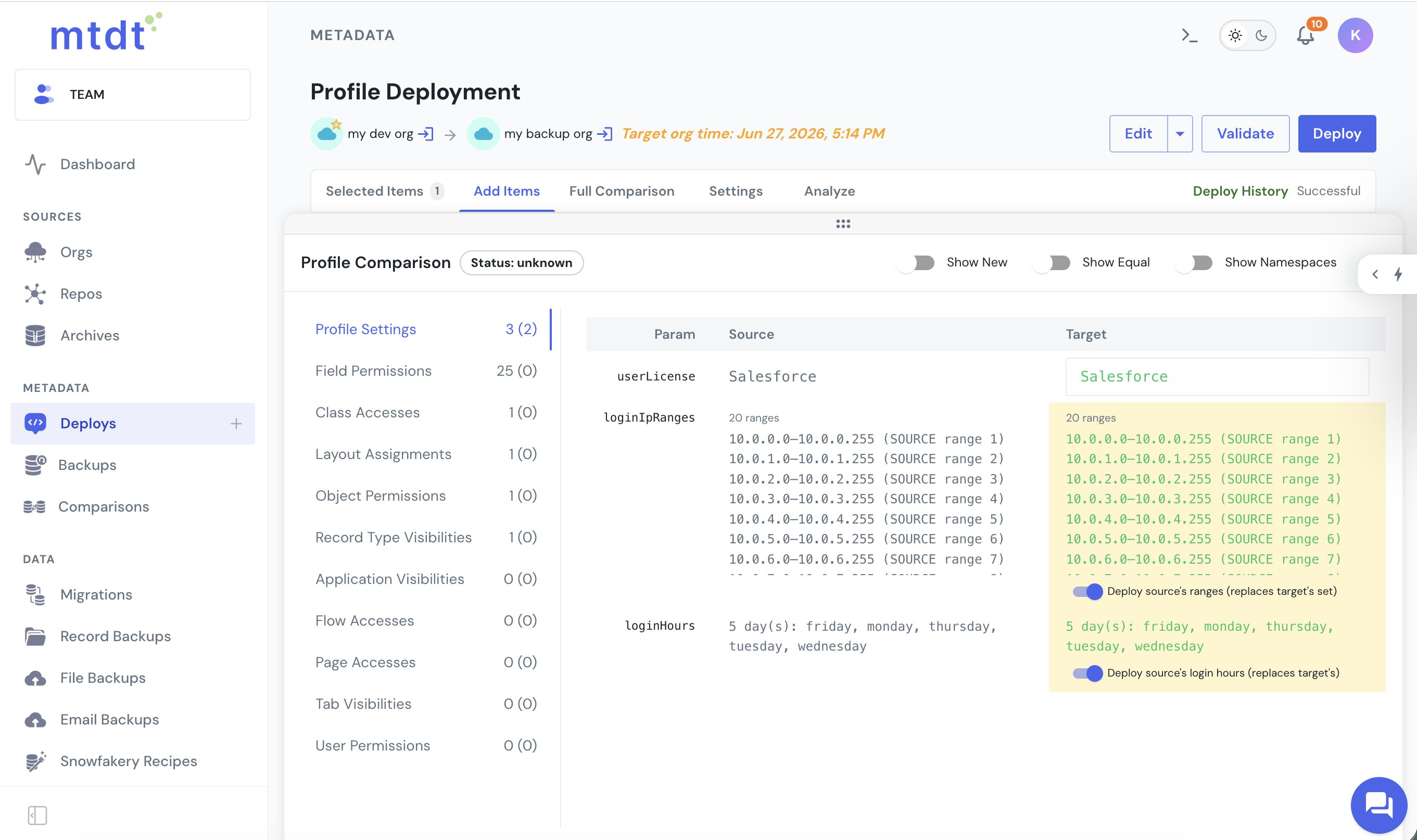 The per-permission profile panel in mtdt, source values beside target toggles, with most rows left to keep the target's value