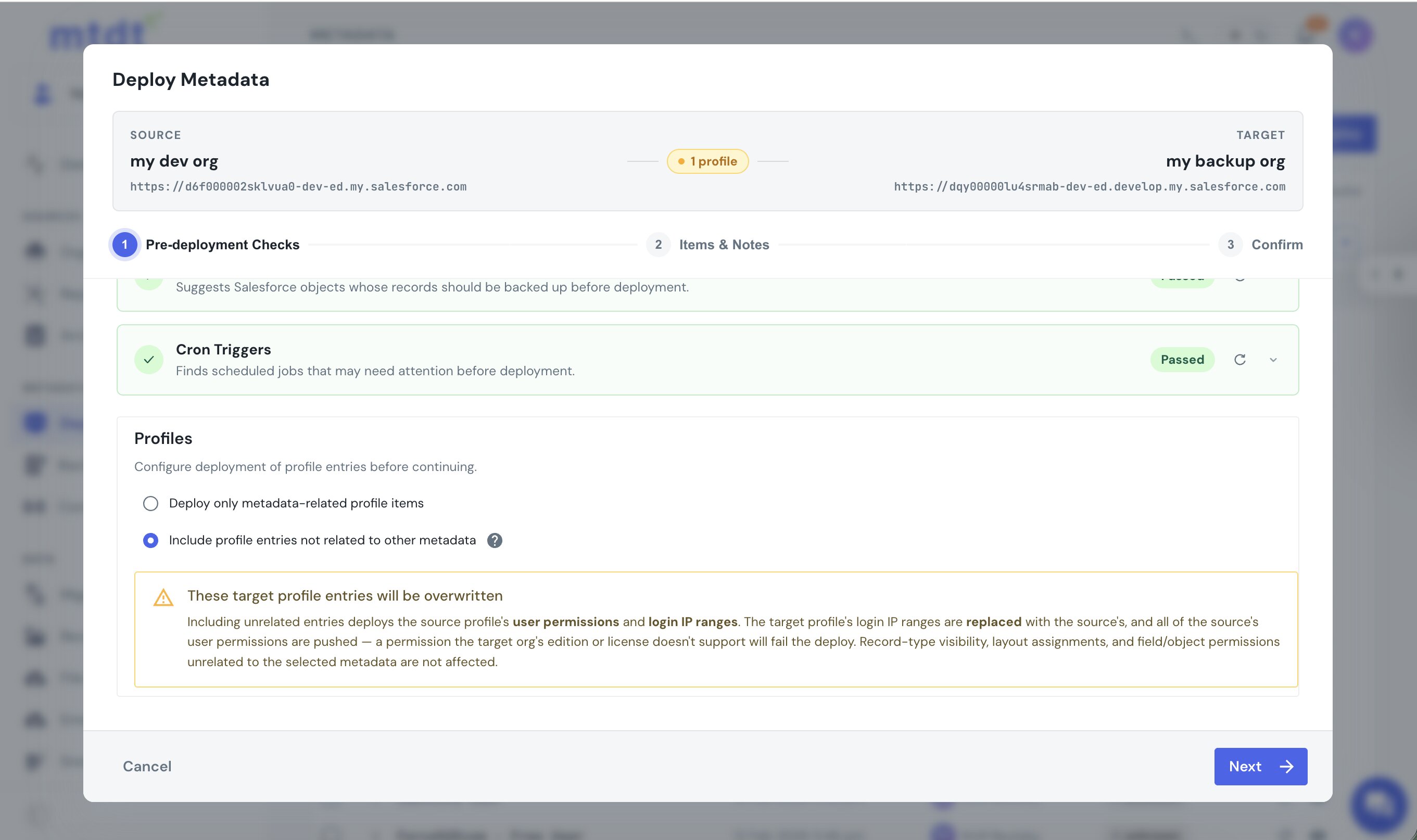 The deploy option to either deploy only metadata-related profile items or include the profile's other entries, with a warning on the second choice