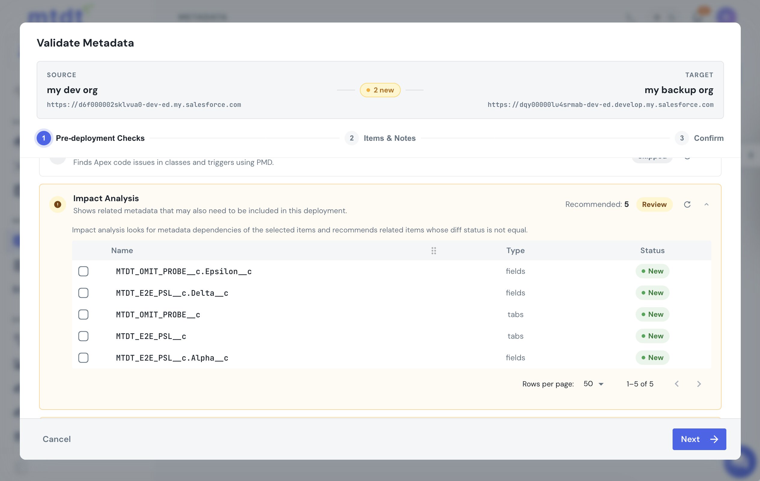 mtdt's Impact Analysis recommending the custom tab that a profile search layout's object needs on the target, tagged New