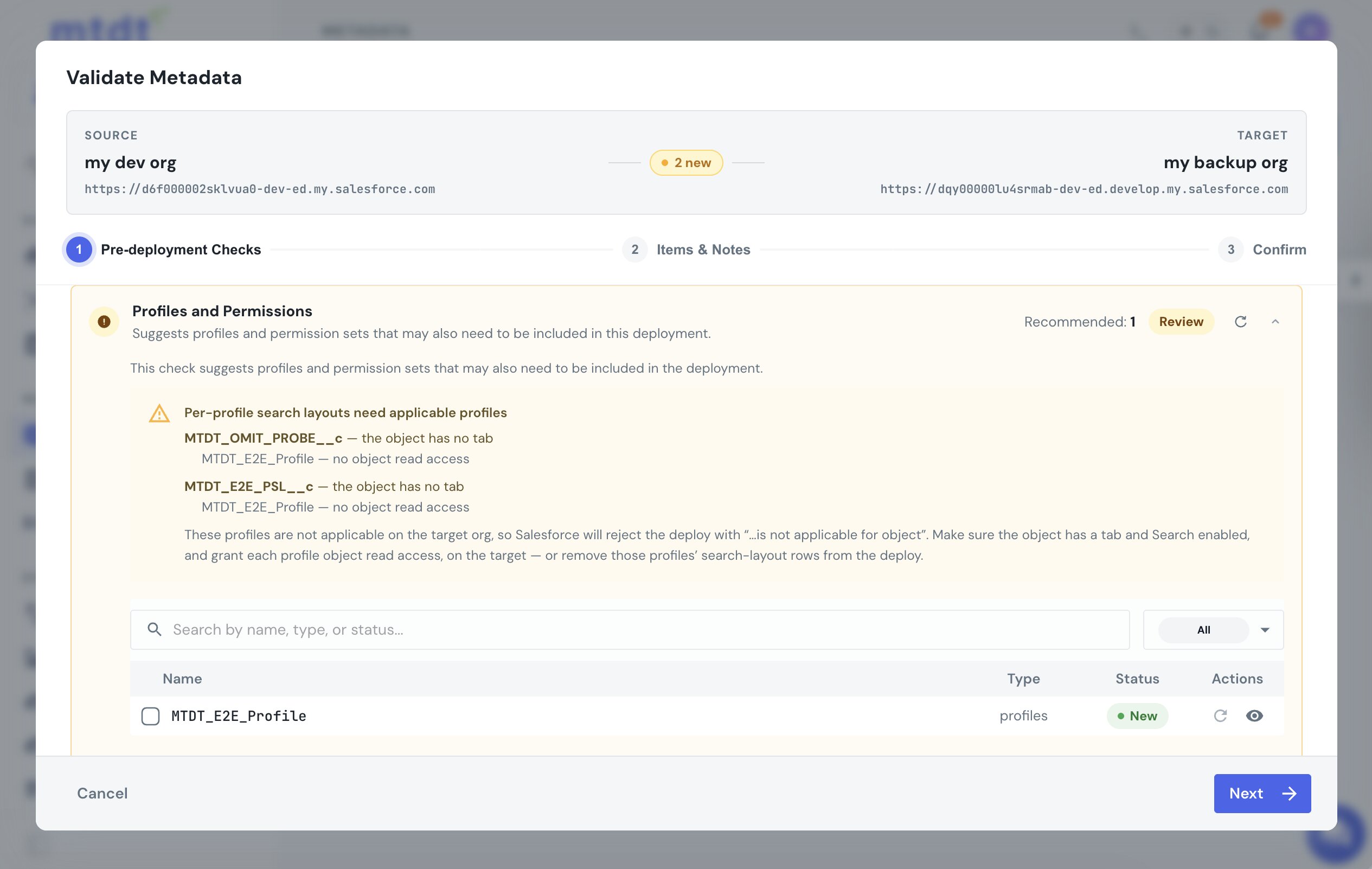 mtdt's Profiles & Permissions check flagging profiles that aren't applicable for a custom object's search layout, with object read access offered as a fix