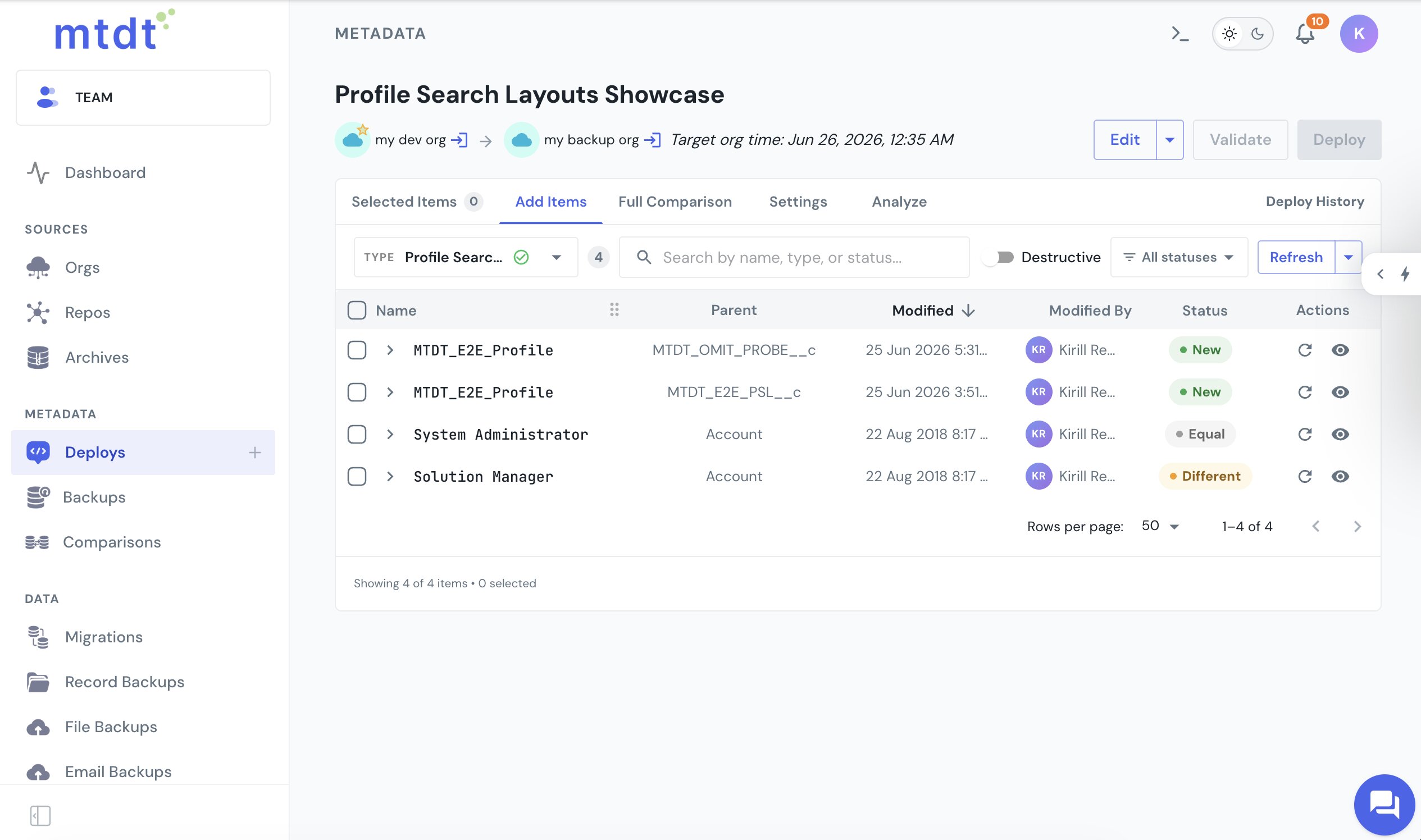 A profile search layout shown as its own per-profile selectable item in mtdt, tagged New against the target