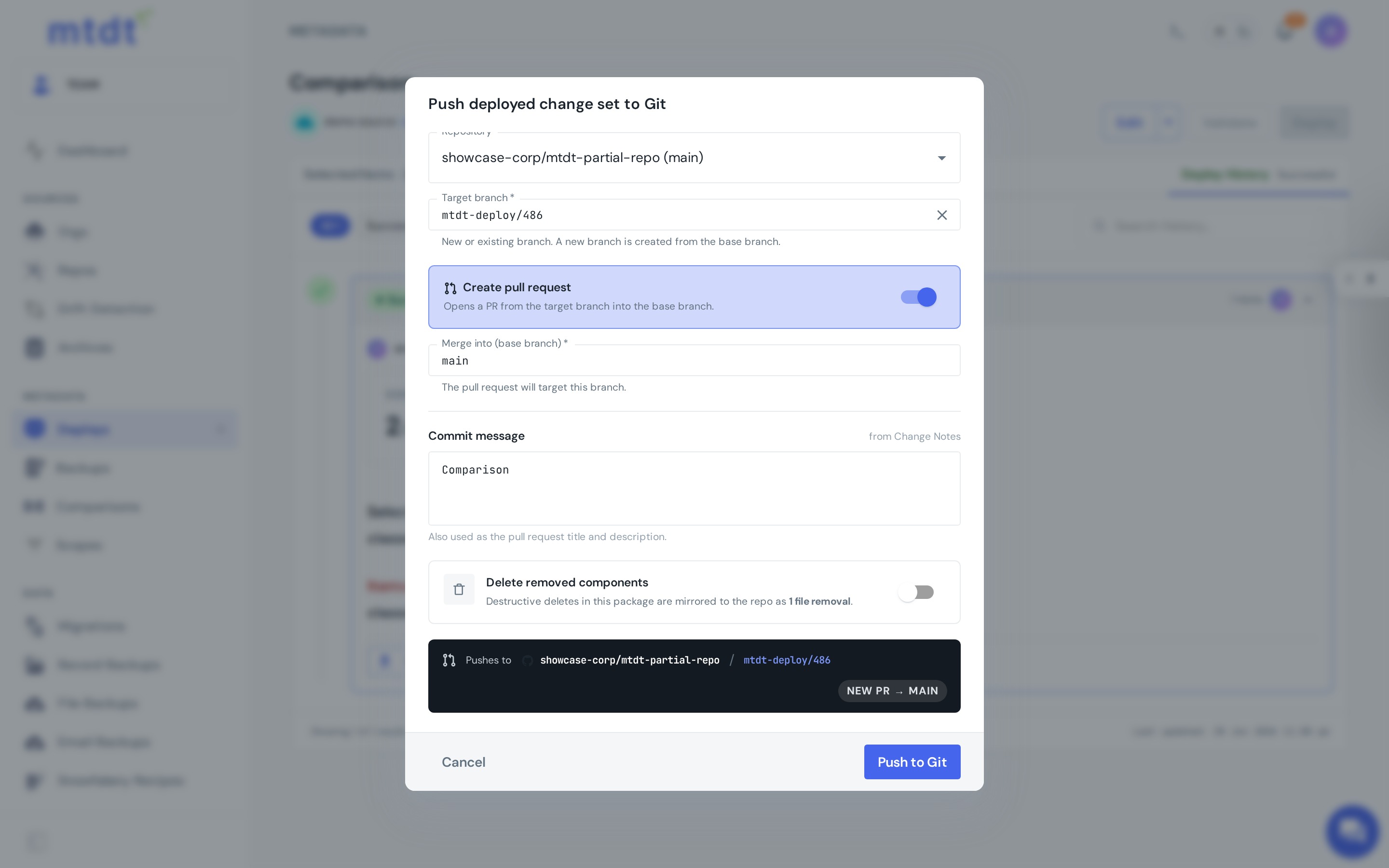 Pushing a change set as a pull request — a new branch opened as a PR into the base branch