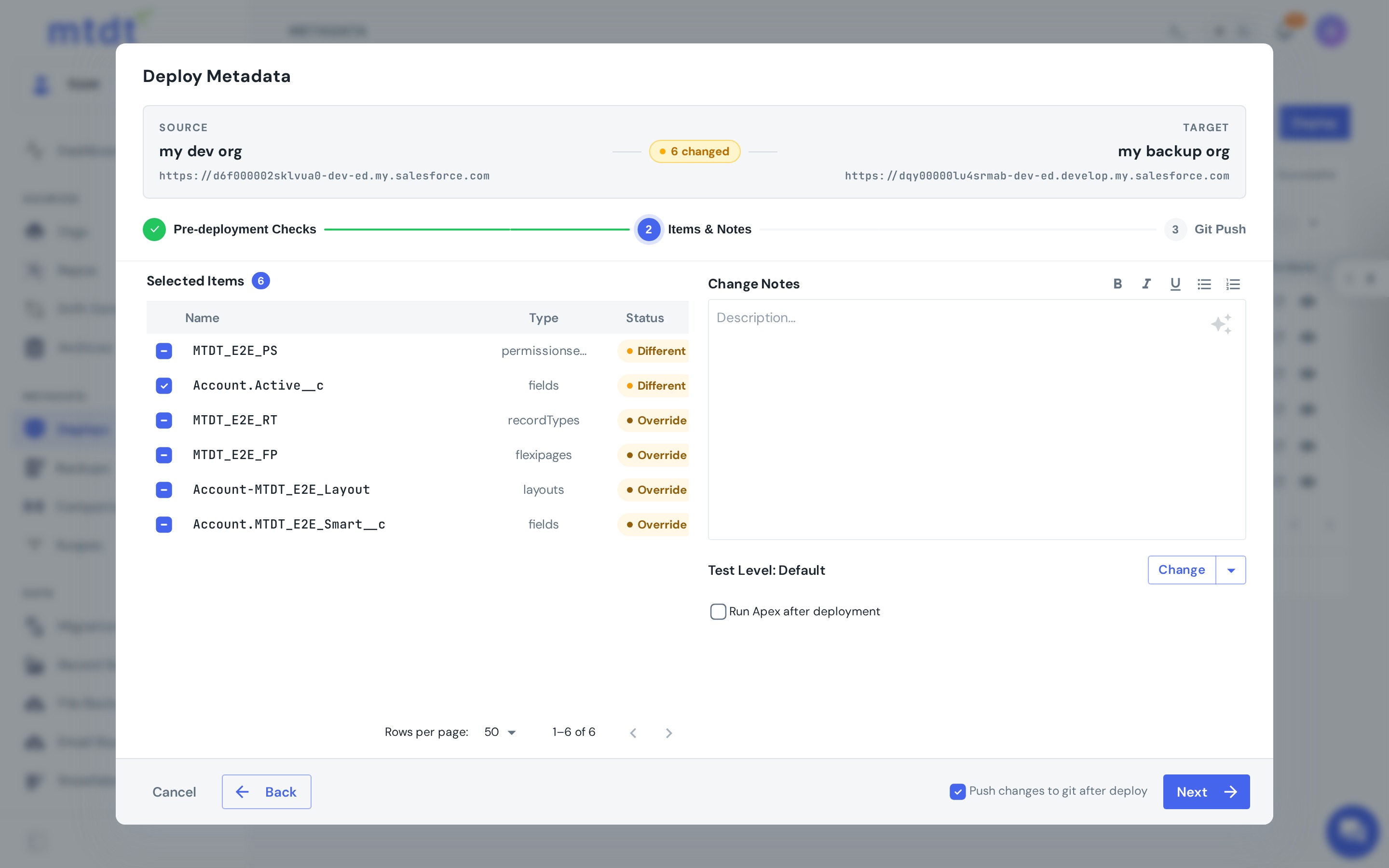 Enabling "Push changes to git after deploy" — the deployment gains a Git Push step