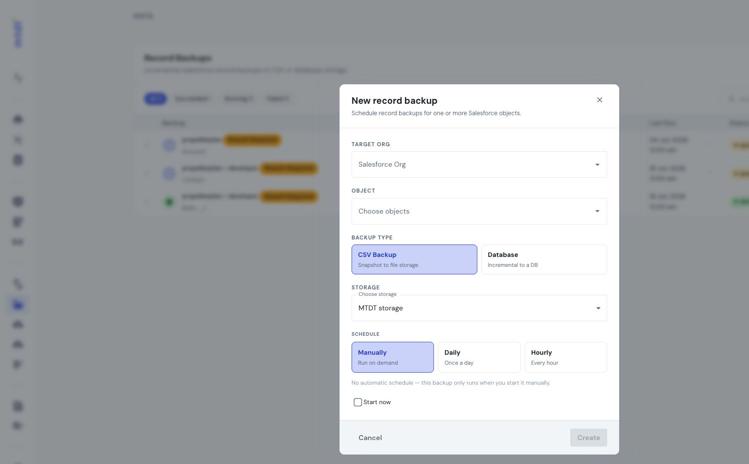 Configuring a CSV record backup, storage destination, and schedule in mtdt.io