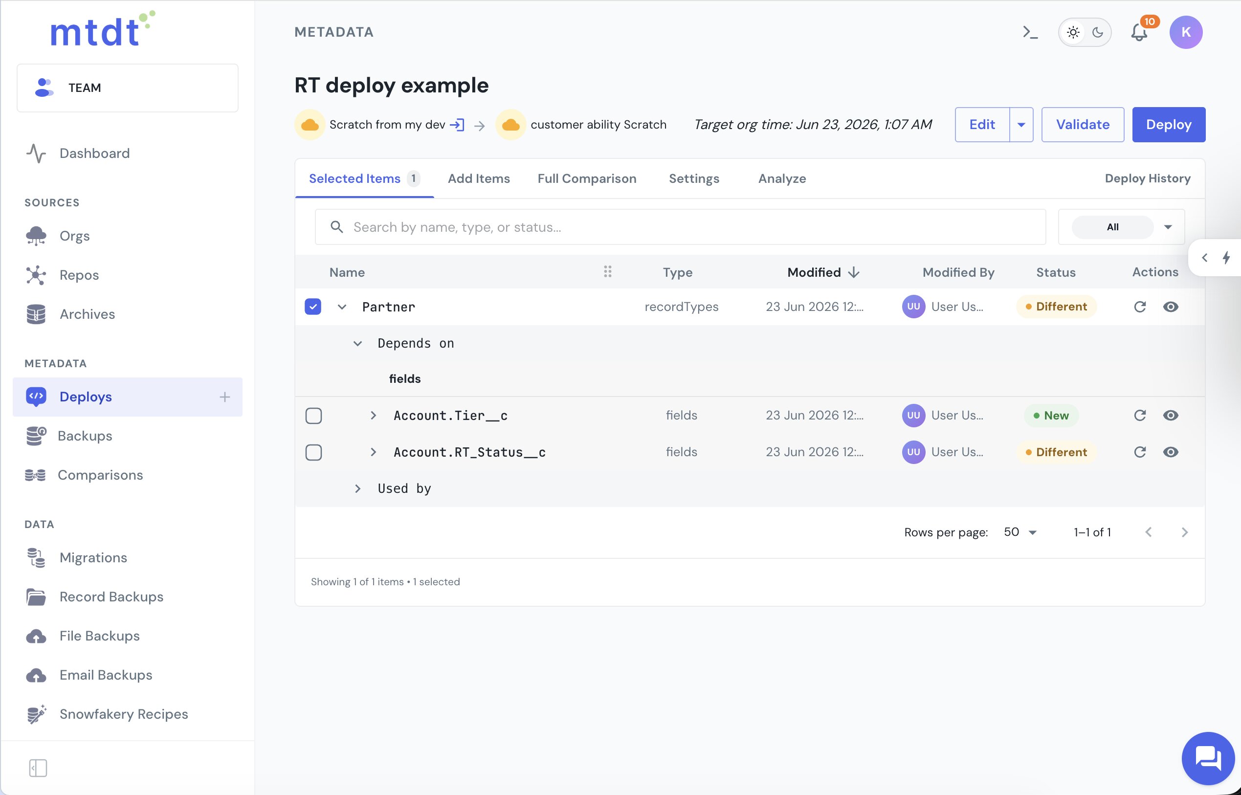 Record type expanded — Depends on lists the picklist fields it needs, with New / Different status
