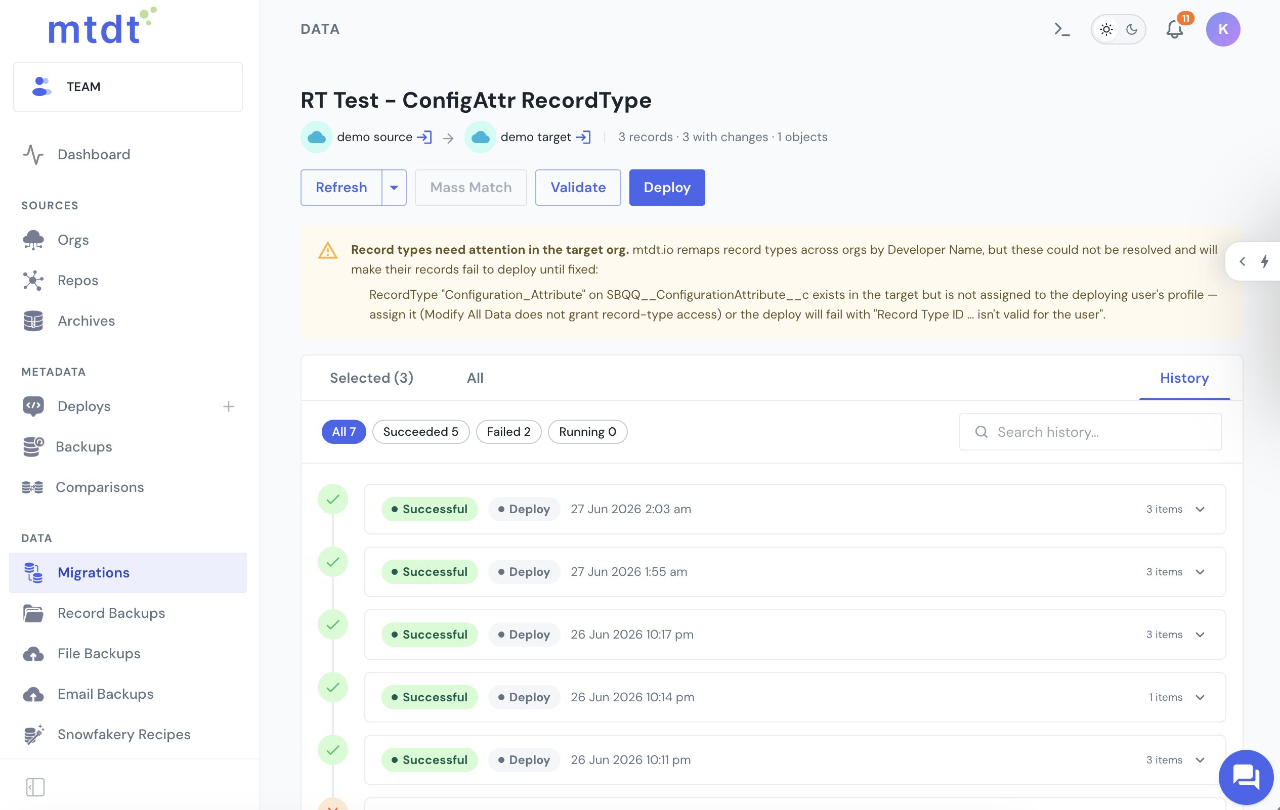 mtdt's data-migration warning that a record type exists in the target but isn't assigned to the deploying user — assign it or the load will fail