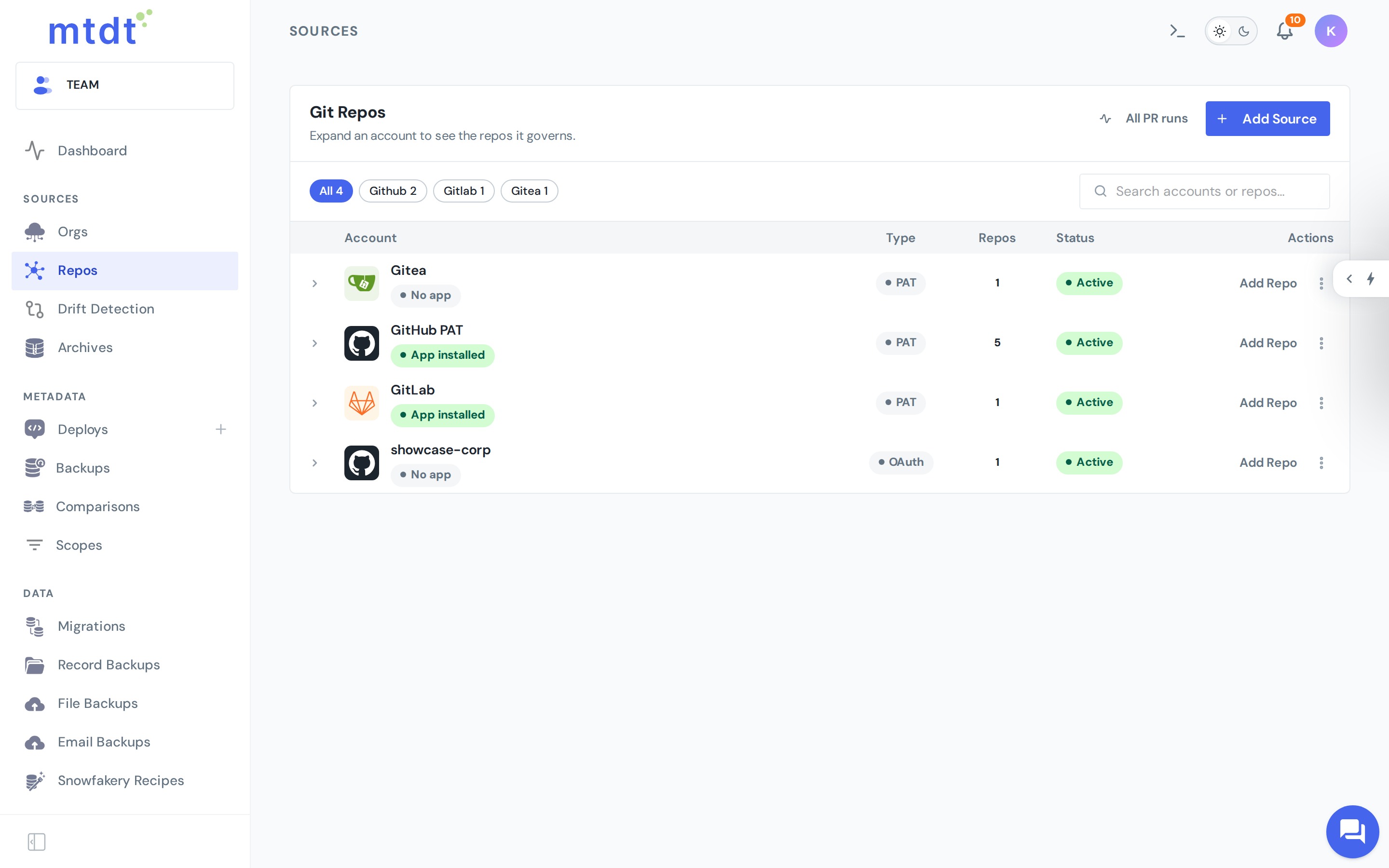 Connected version-control accounts — GitHub, GitLab, and Gitea