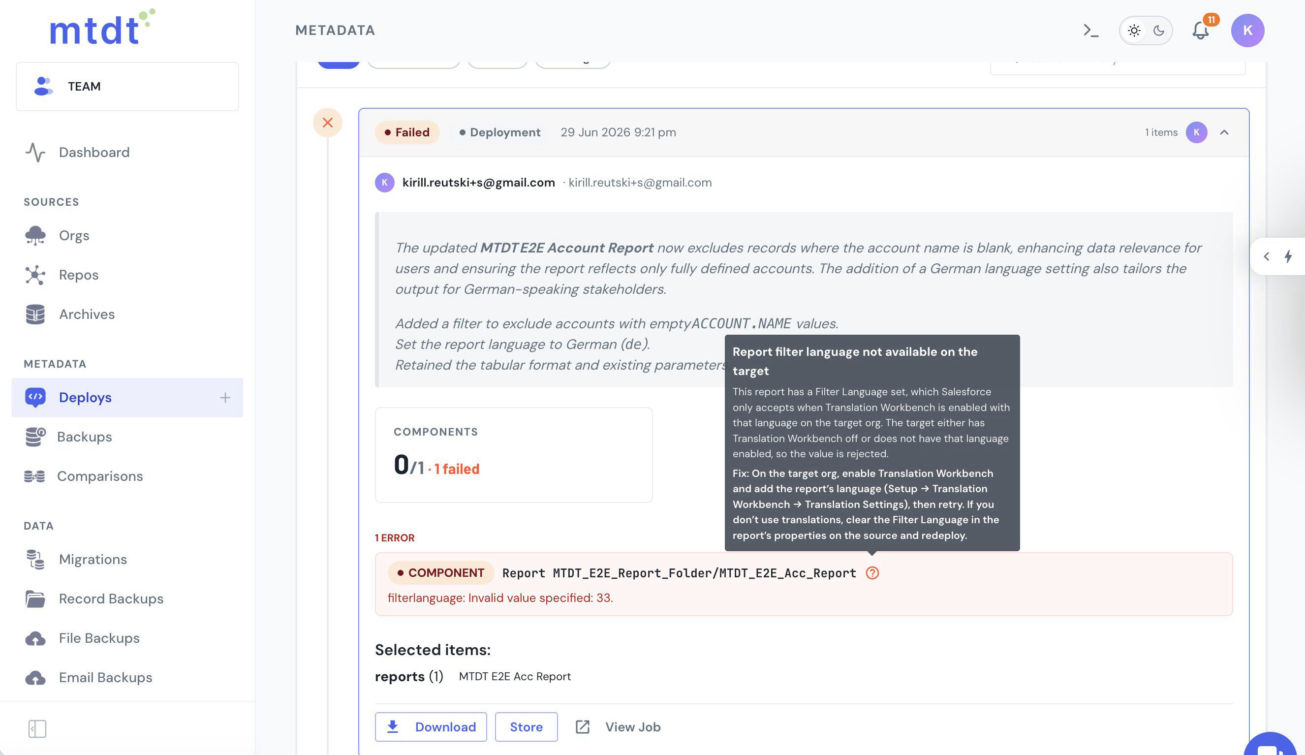 mtdt's Deploy History showing the failed report deploy with a decoded hint explaining the Translation Workbench precondition
