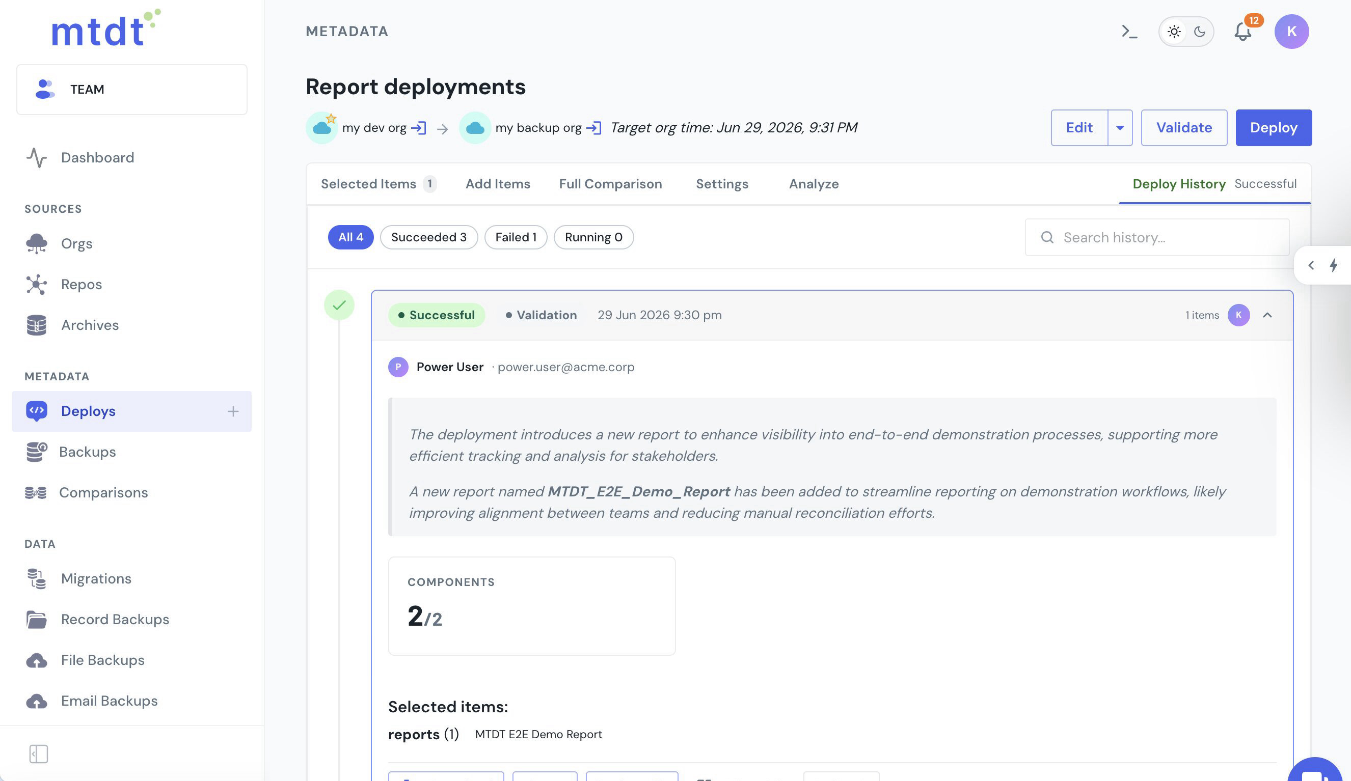 mtdt validation — one selected report deploys as two components: the report plus its auto-included folder
