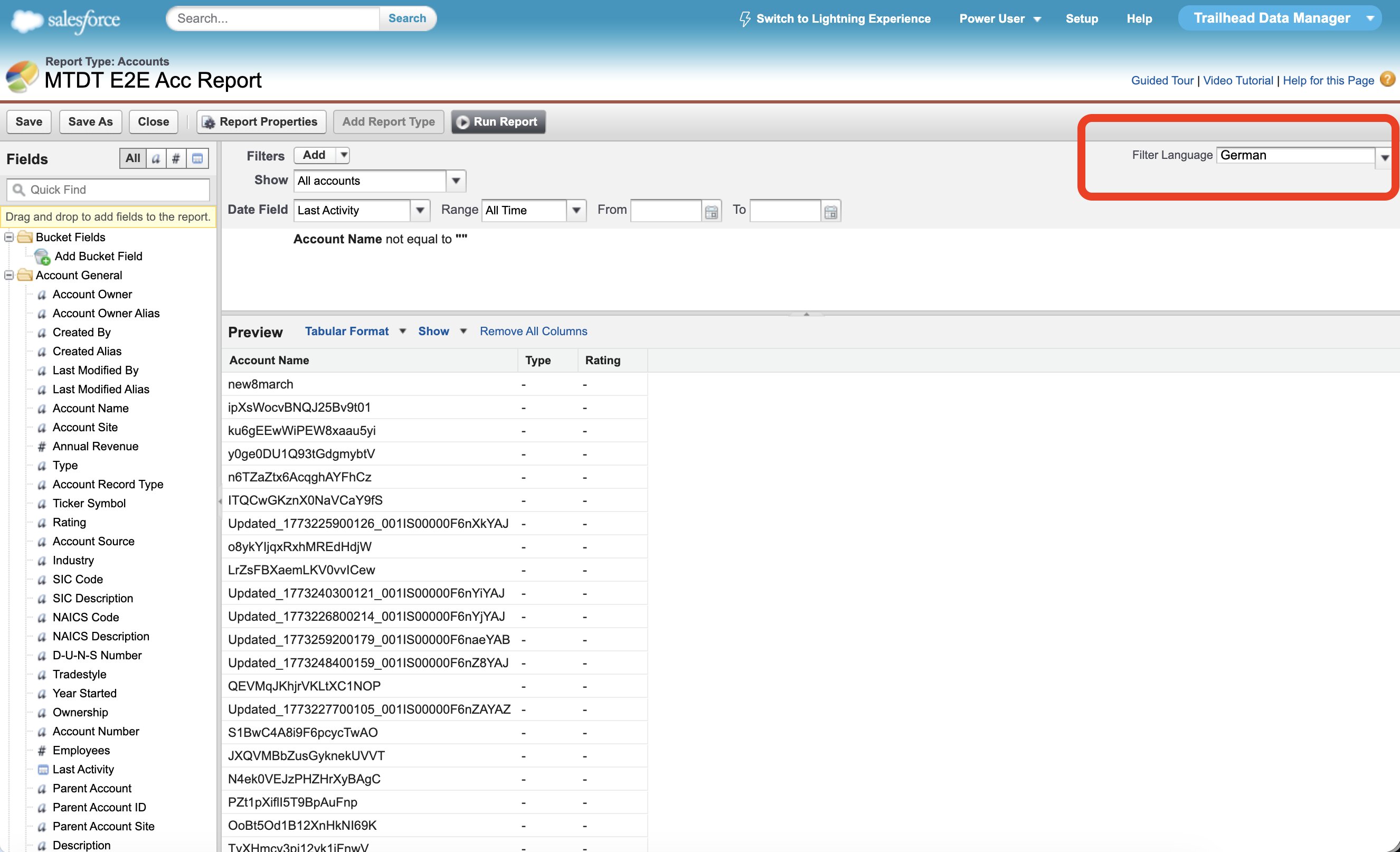 A report's Filter Language property set to German in the Salesforce report builder