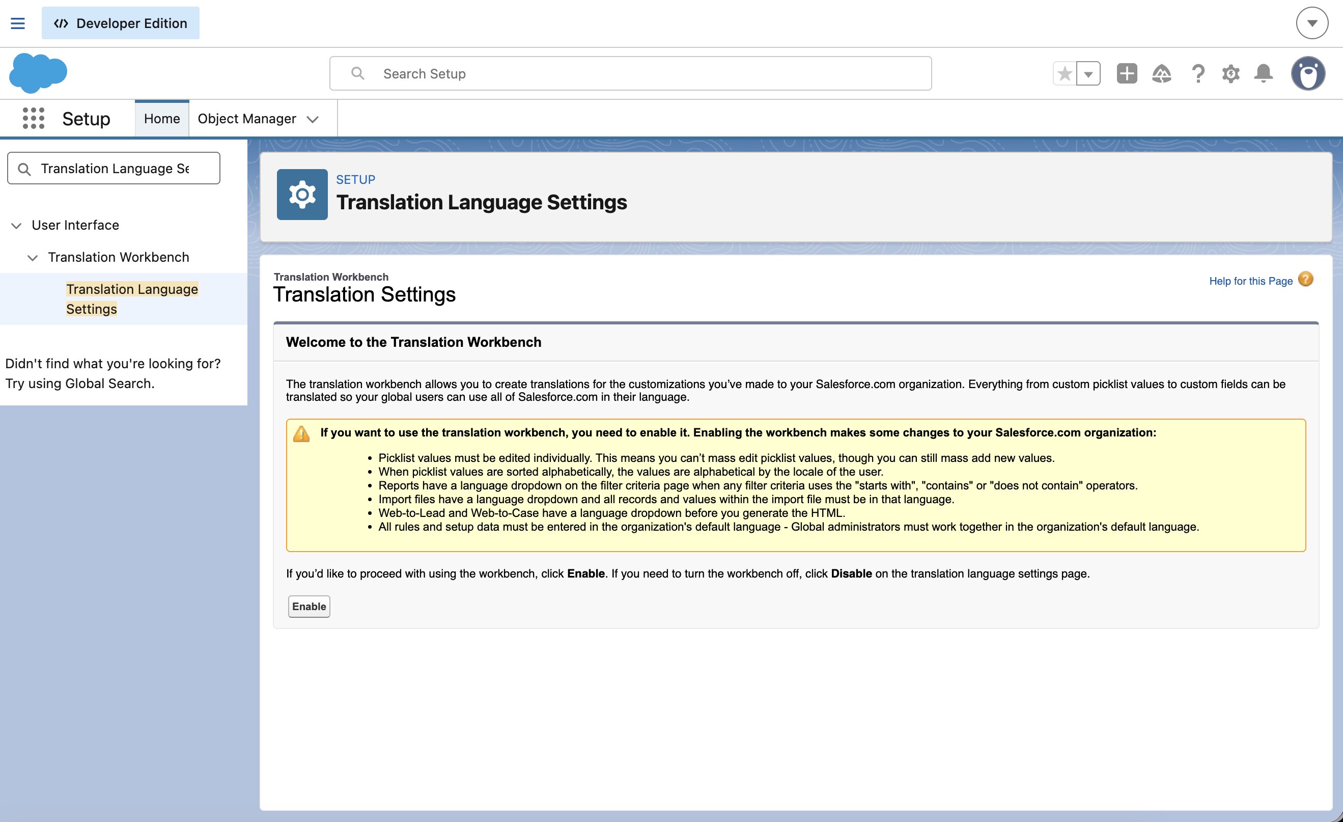 Salesforce's Translation Workbench settings, not enabled on the target org