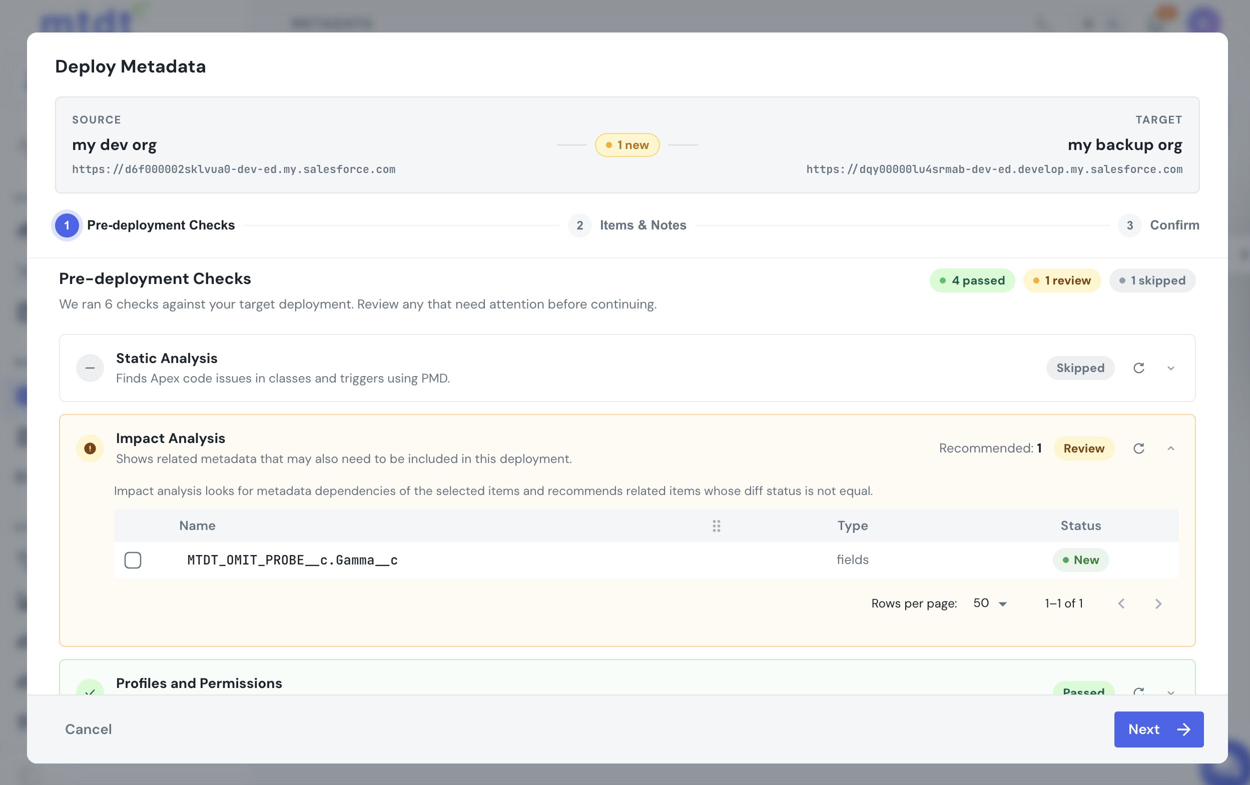 mtdt's Impact Analysis recommending the custom field a search layout references, tagged New against the target